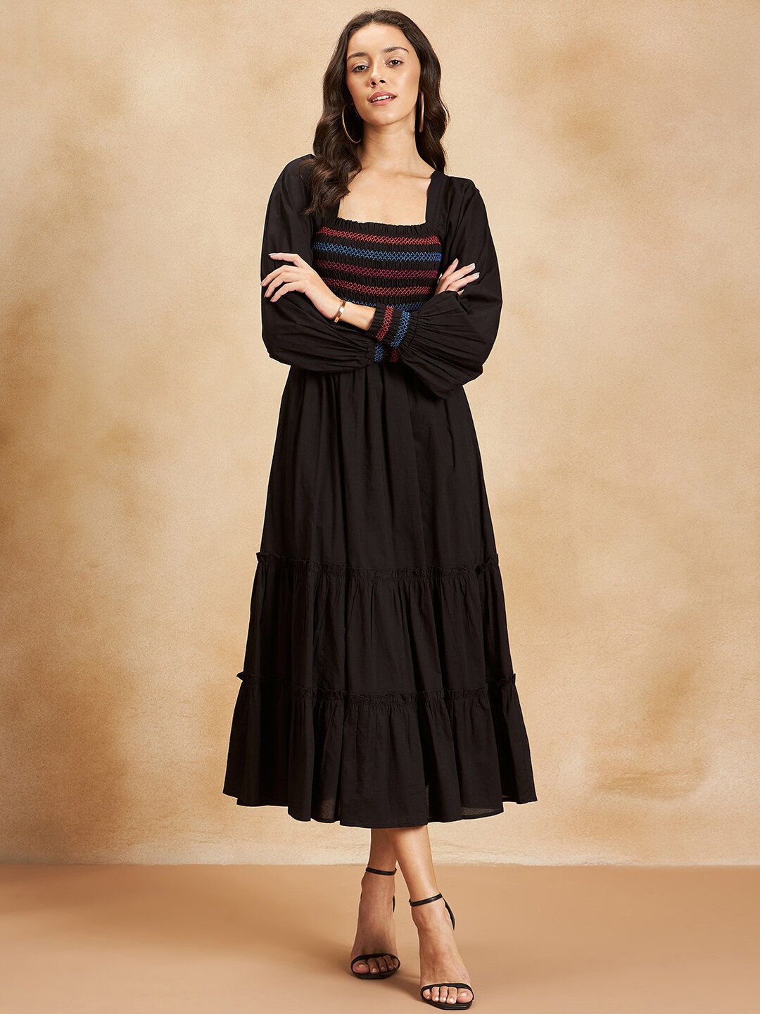 

FEMMELLA Smocked Puff Sleeves A-Line Pure Cotton Maxi Dress, Black