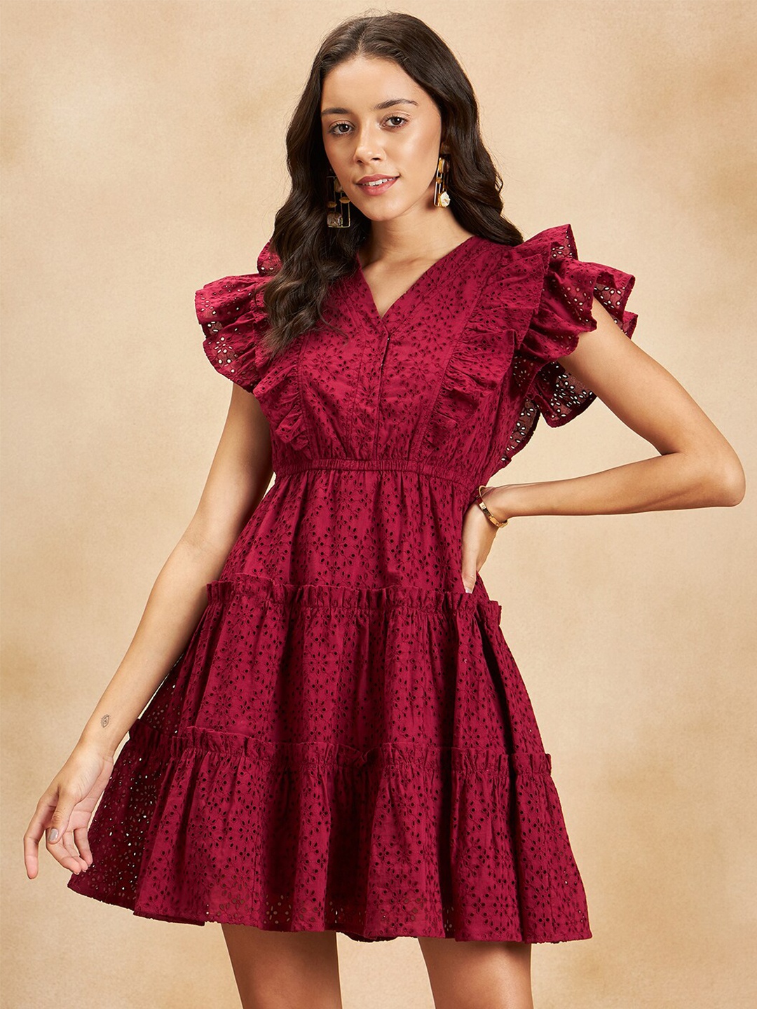 

Femella Self Design Flutter Sleeve Pure Cotton Fit & Flare Dress, Red