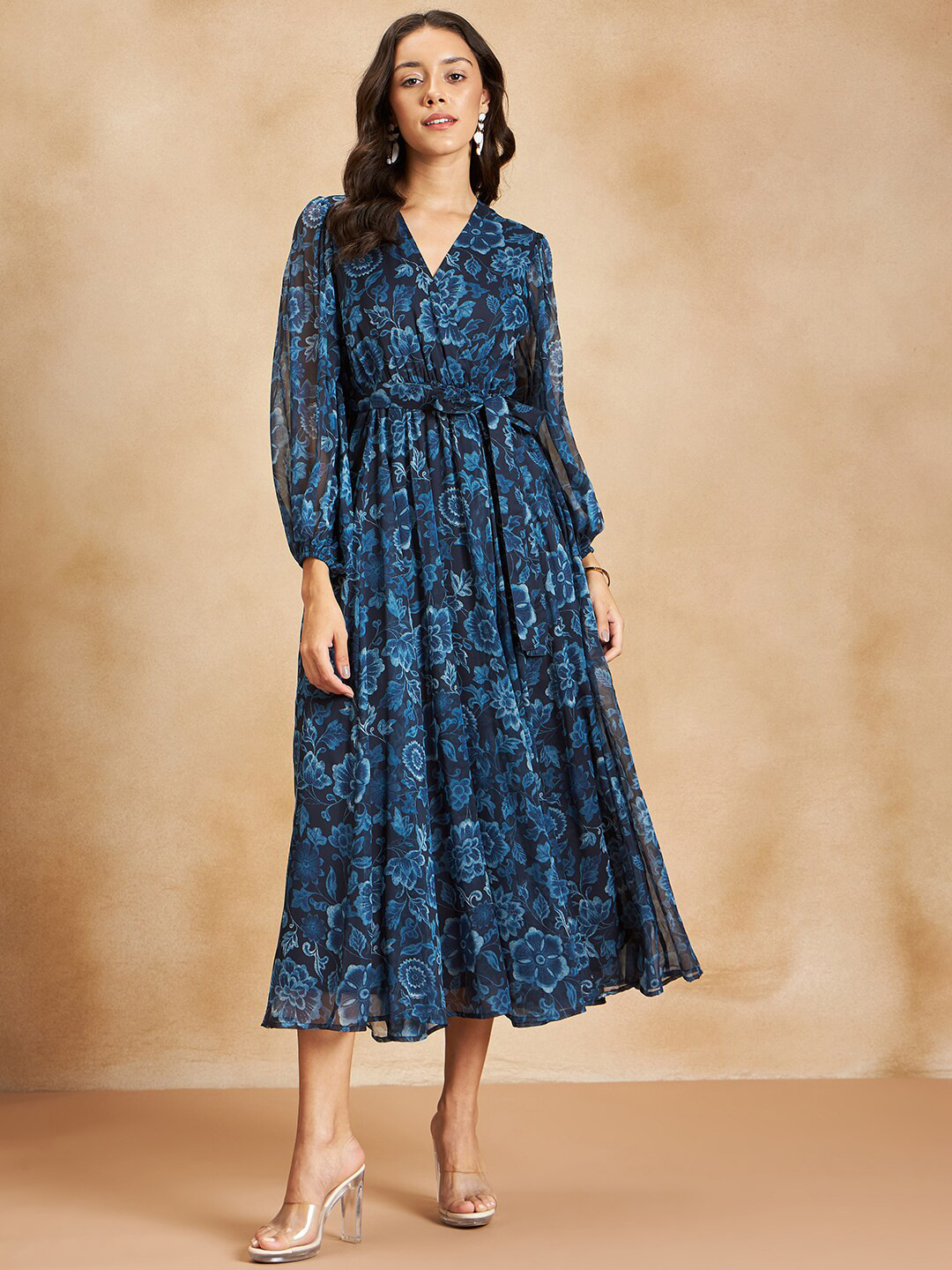 

Femella Floral Printed Puff Sleeves A-Line Maxi Dress, Navy blue