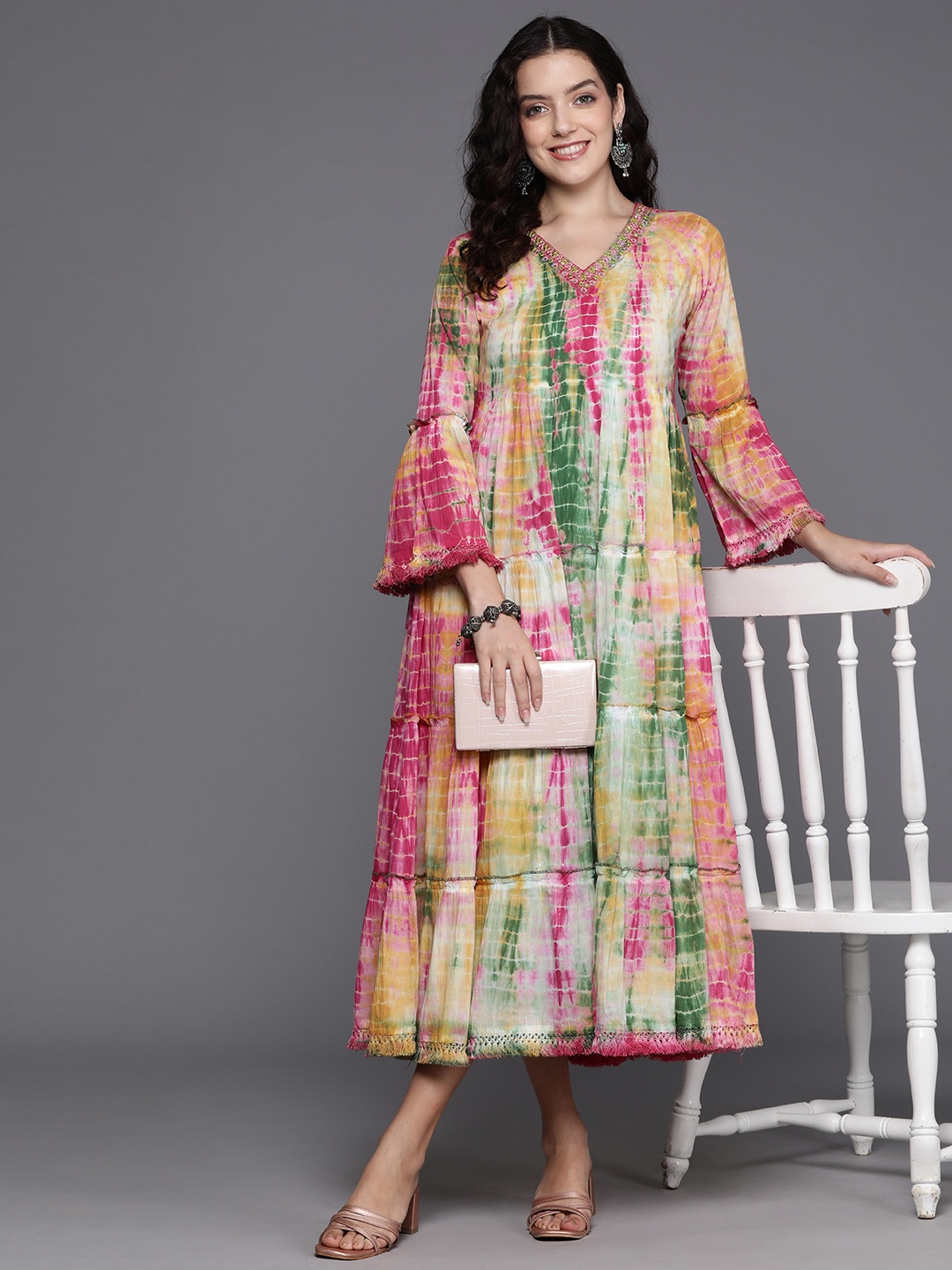 

Indo Era Tie and Dyed Bell Sleeve A-Line Cotton Midi Dress, Multi