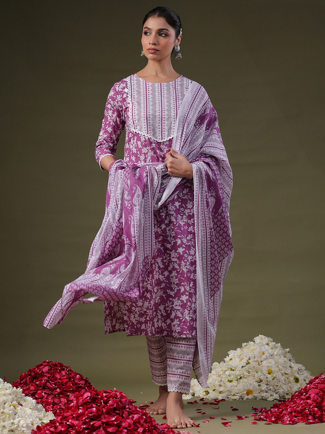 

Indo Era Floral Printed Regular Pure Cotton Kurta with Trousers & Dupatta, Purple