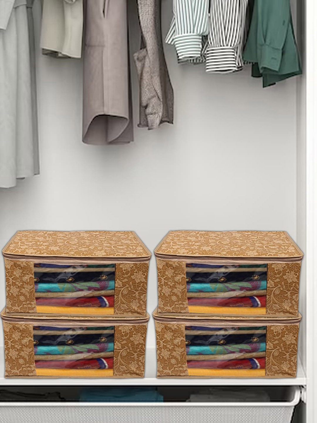 

Kuber Industries Yellow & Brown 10 Pieces Non Woven Saree Organizers