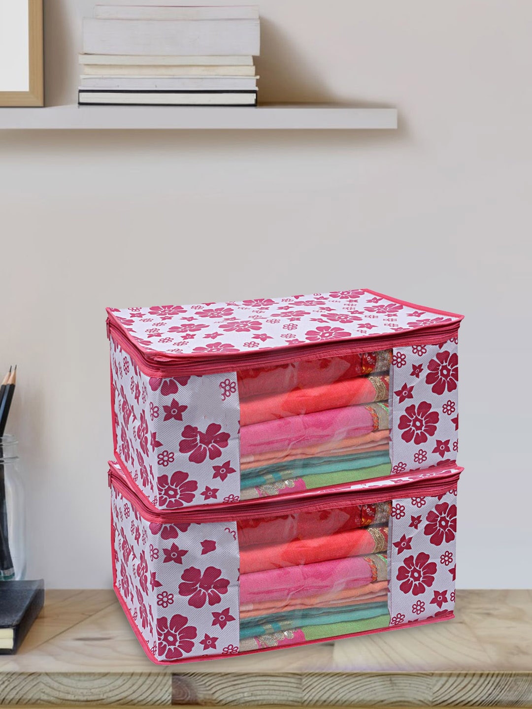 

Kuber Industries Pink 6 Pieces Printed Fabric Sarees Organizers