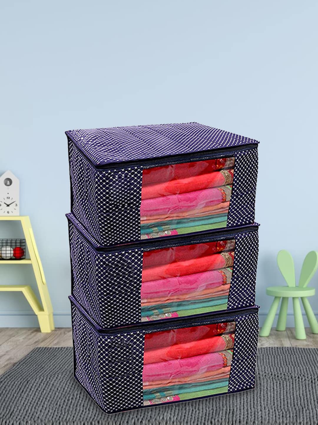 

Kuber Industries Blue 6 Pieces Polka Dot Printed Foldable Wardrobe Organisers