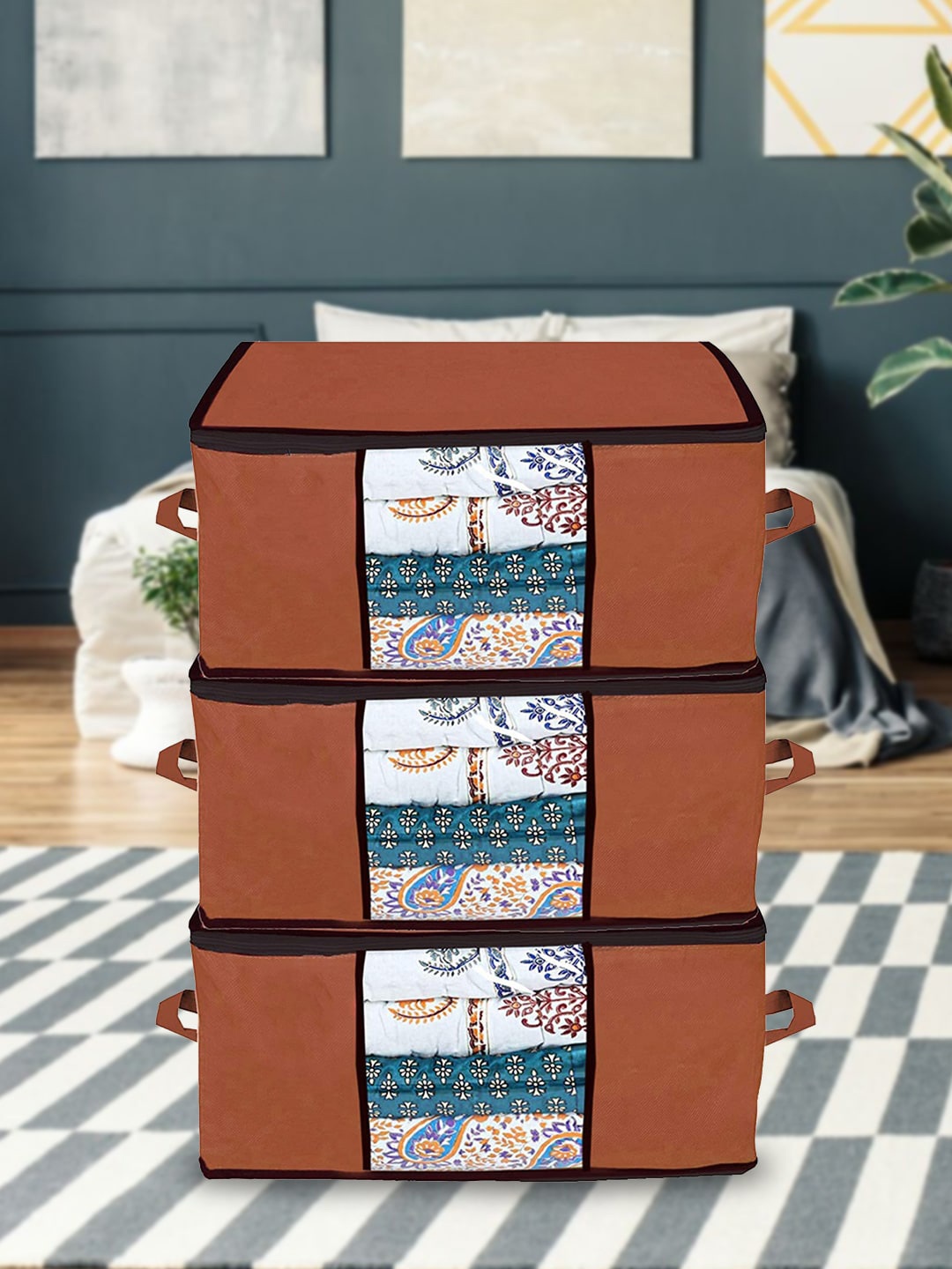

Kuber Industries Brown 3 Pieces Foldable Storage Organisers