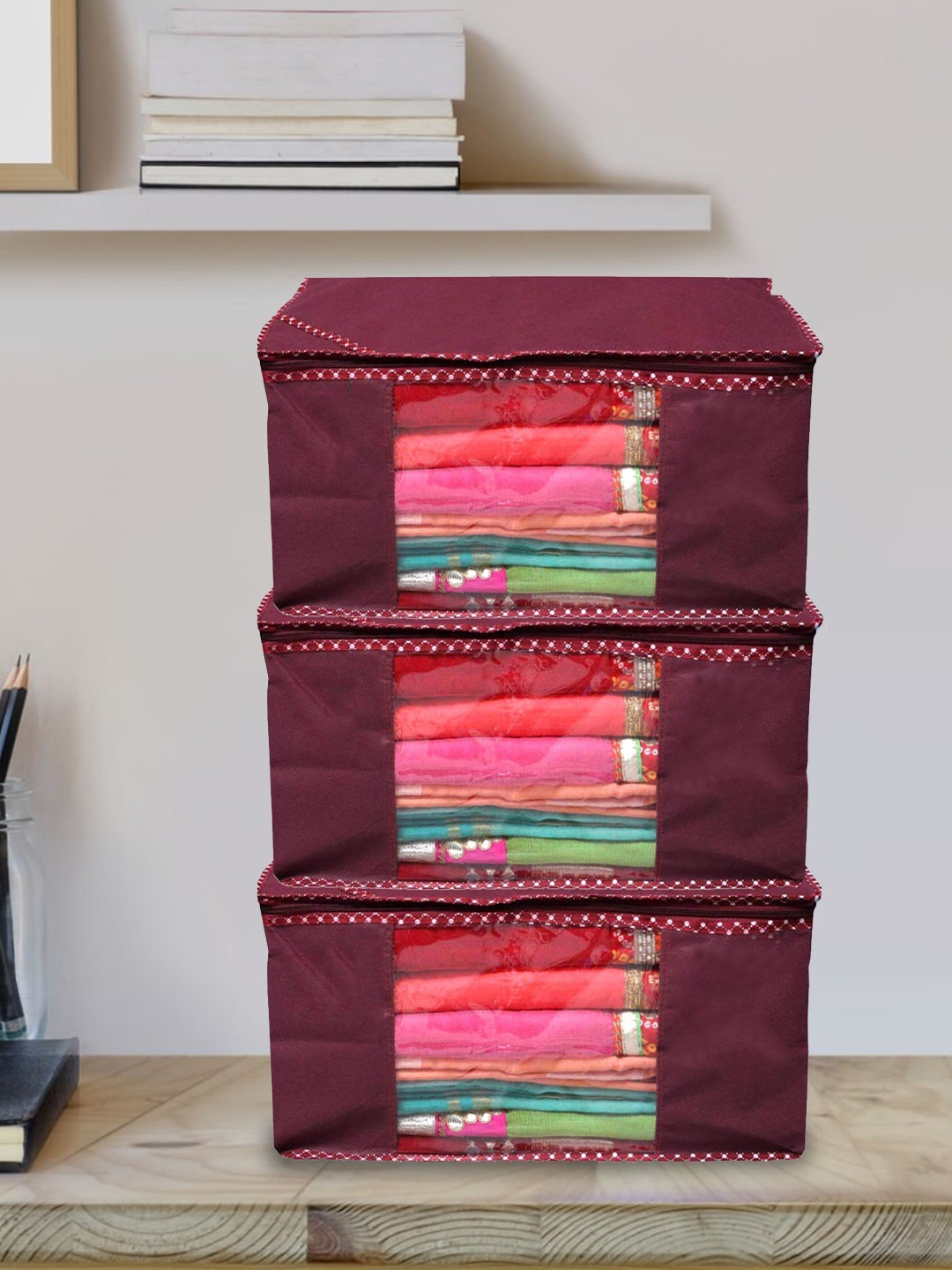 

Kuber Industries Maroon 3 Pieces Fabric Sarees Organizers