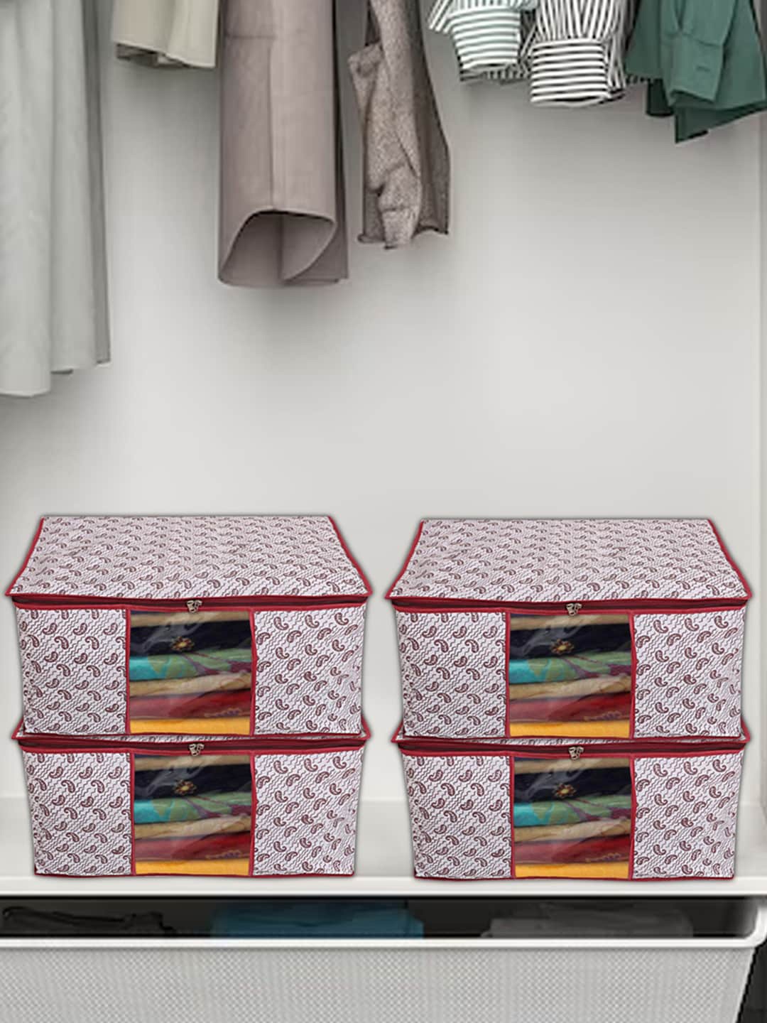 

Kuber Industries White & Maroon 6 Pcs Paisley Printed Non-Woven Foldable Saree Organizers