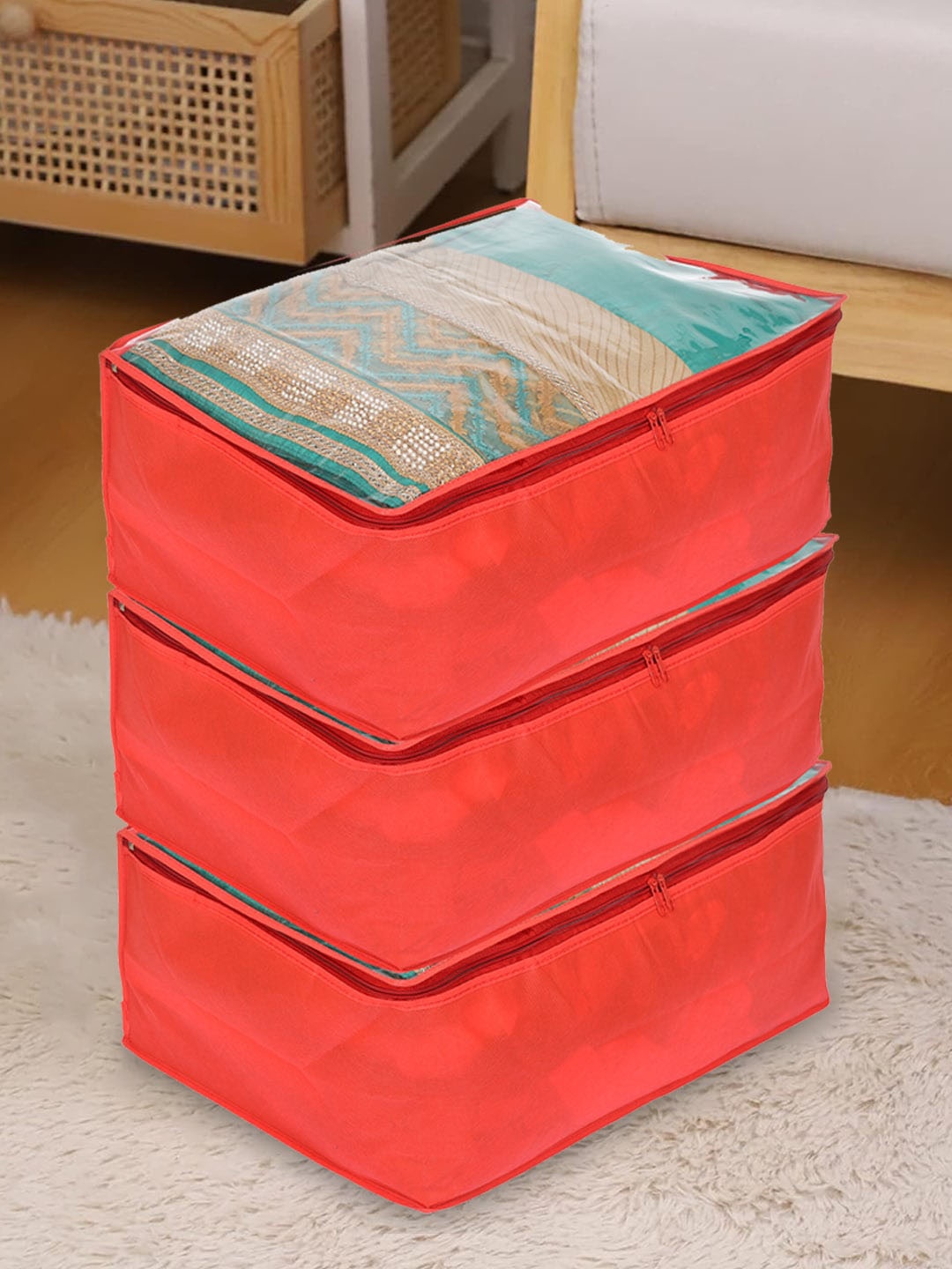 

Kuber Industries Red 3 Pieces Fabric Sarees Organizers