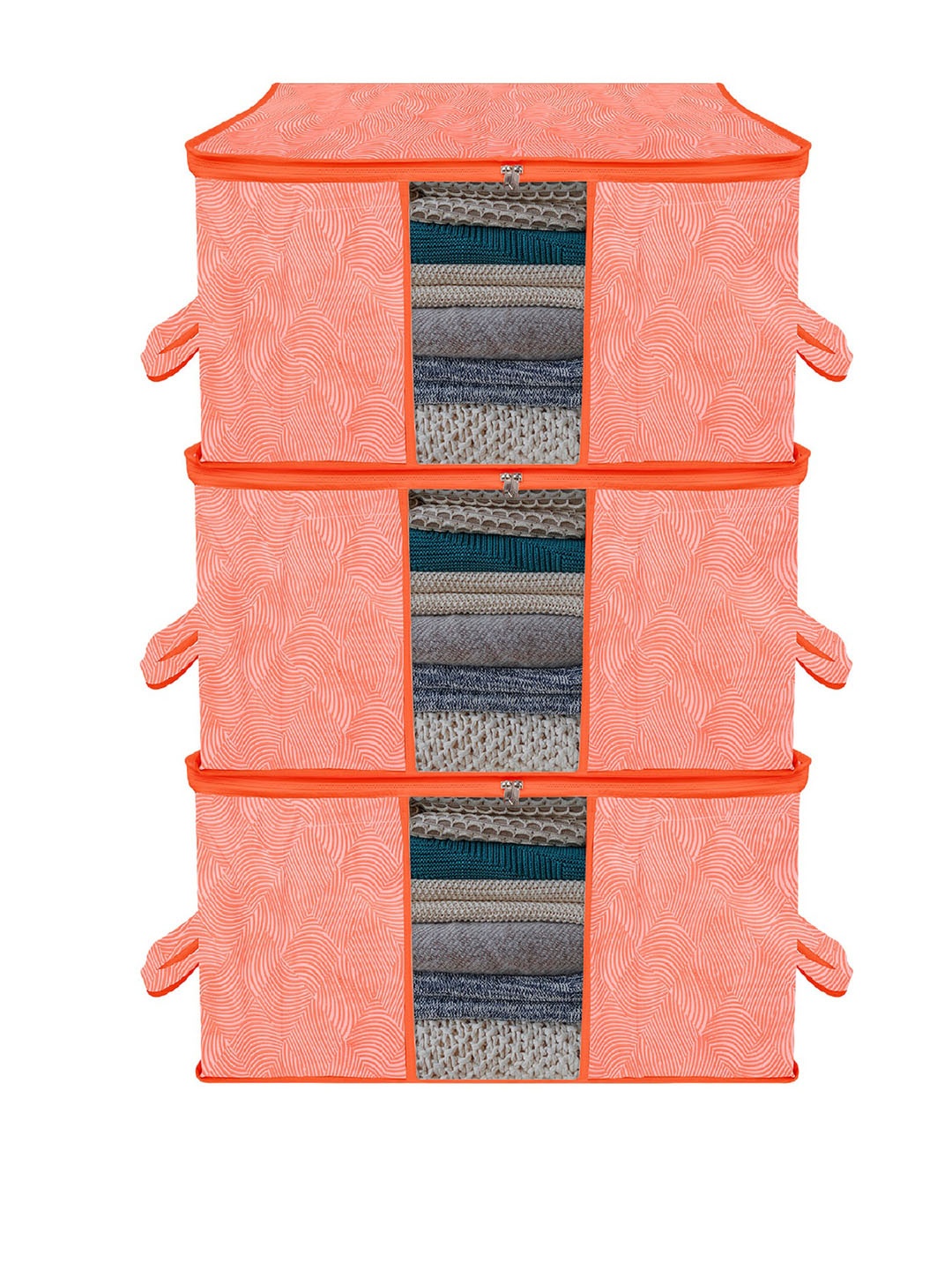 

Kuber Industries Orange 3 Pcs Laheriya Design Non Woven Fabric Underbed Cloth Organizers