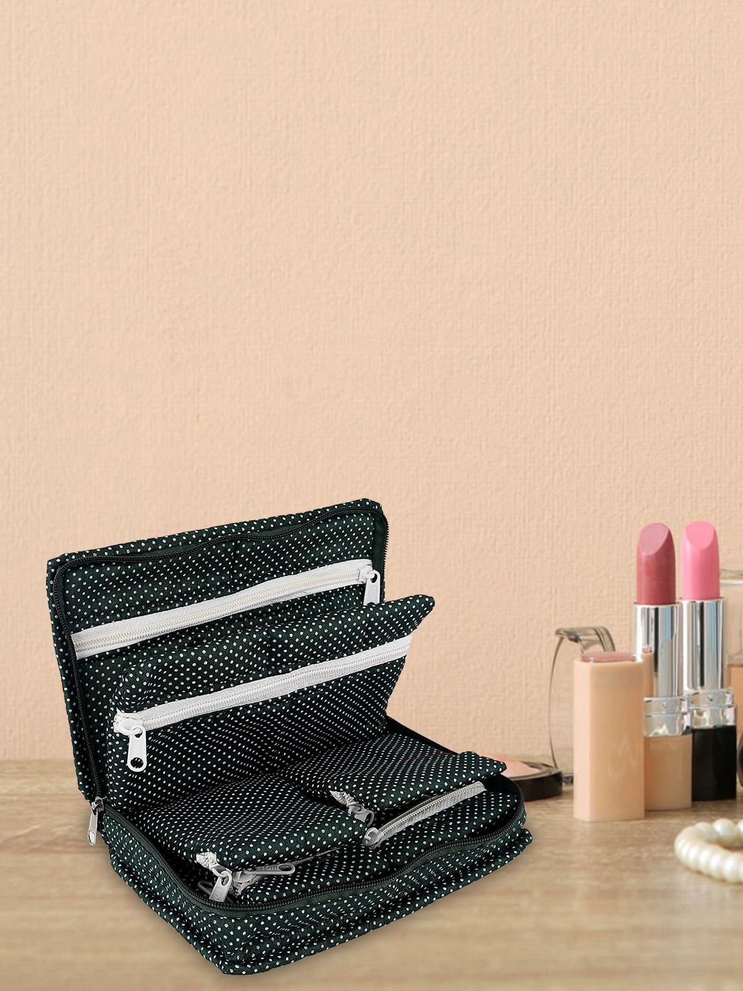 

Kuber Industries Green 7 Pocket Polka Dot Printed Jewellery Storage Bag