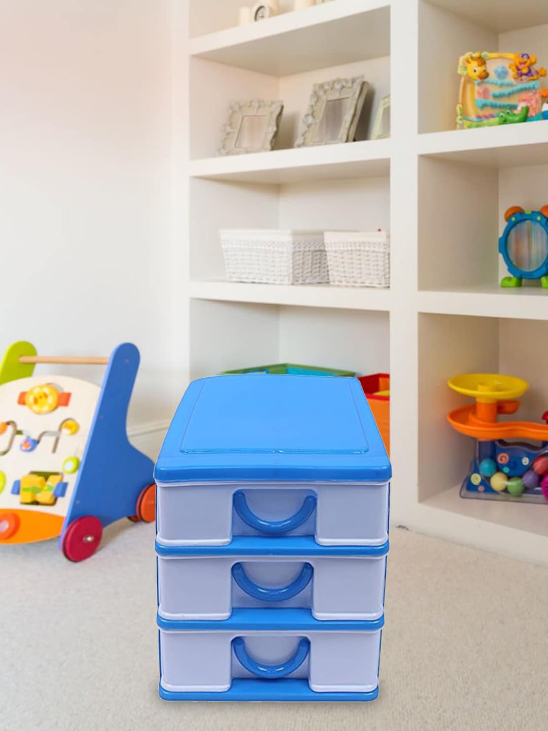 

Kuber Industries Blue Three Layer Drawer Storage Cabinet Box