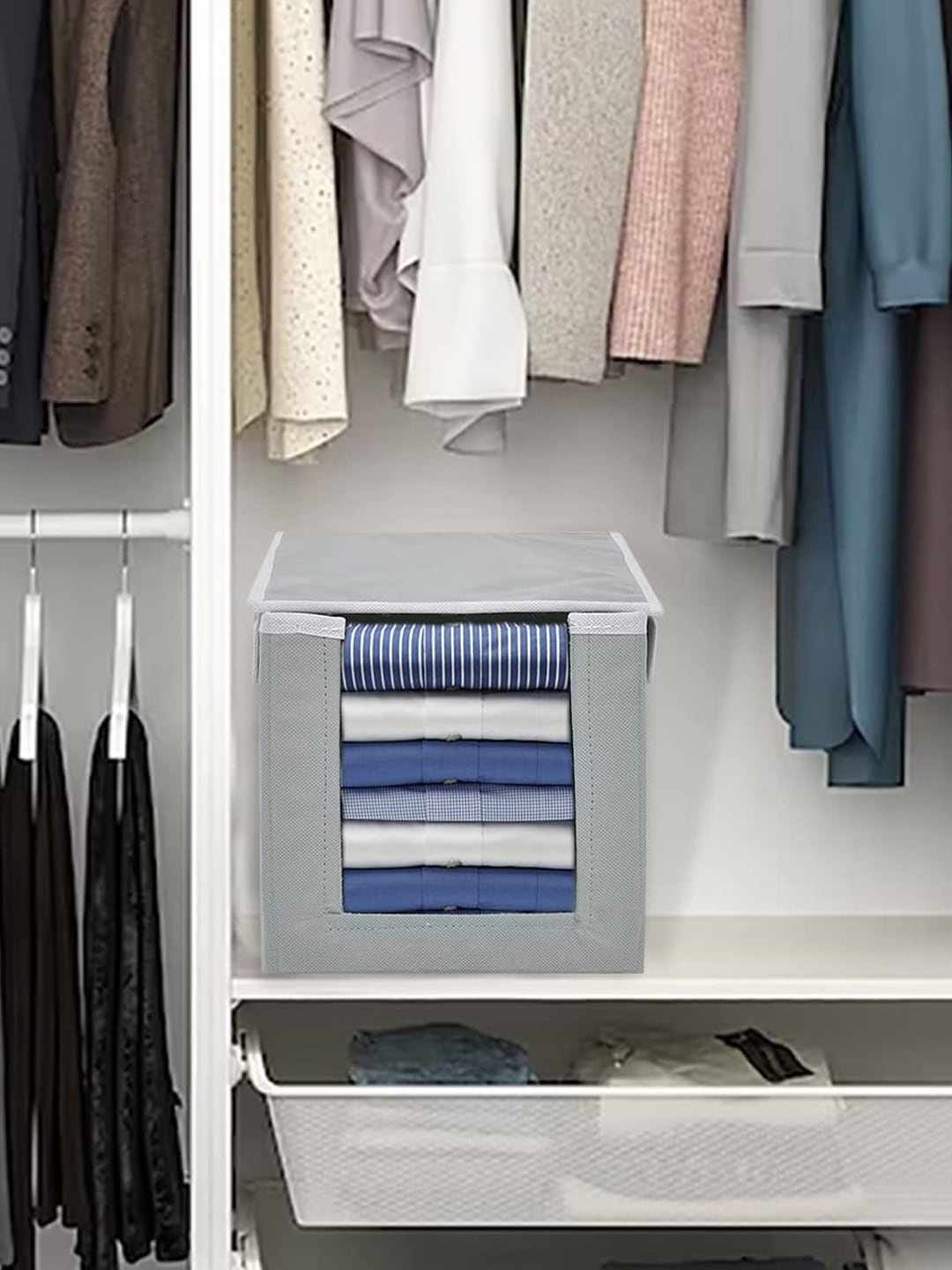 

Kuber Industries Grey 2 Pieces Stacker Wardrobe Organizer With Carrying Handle & Lid