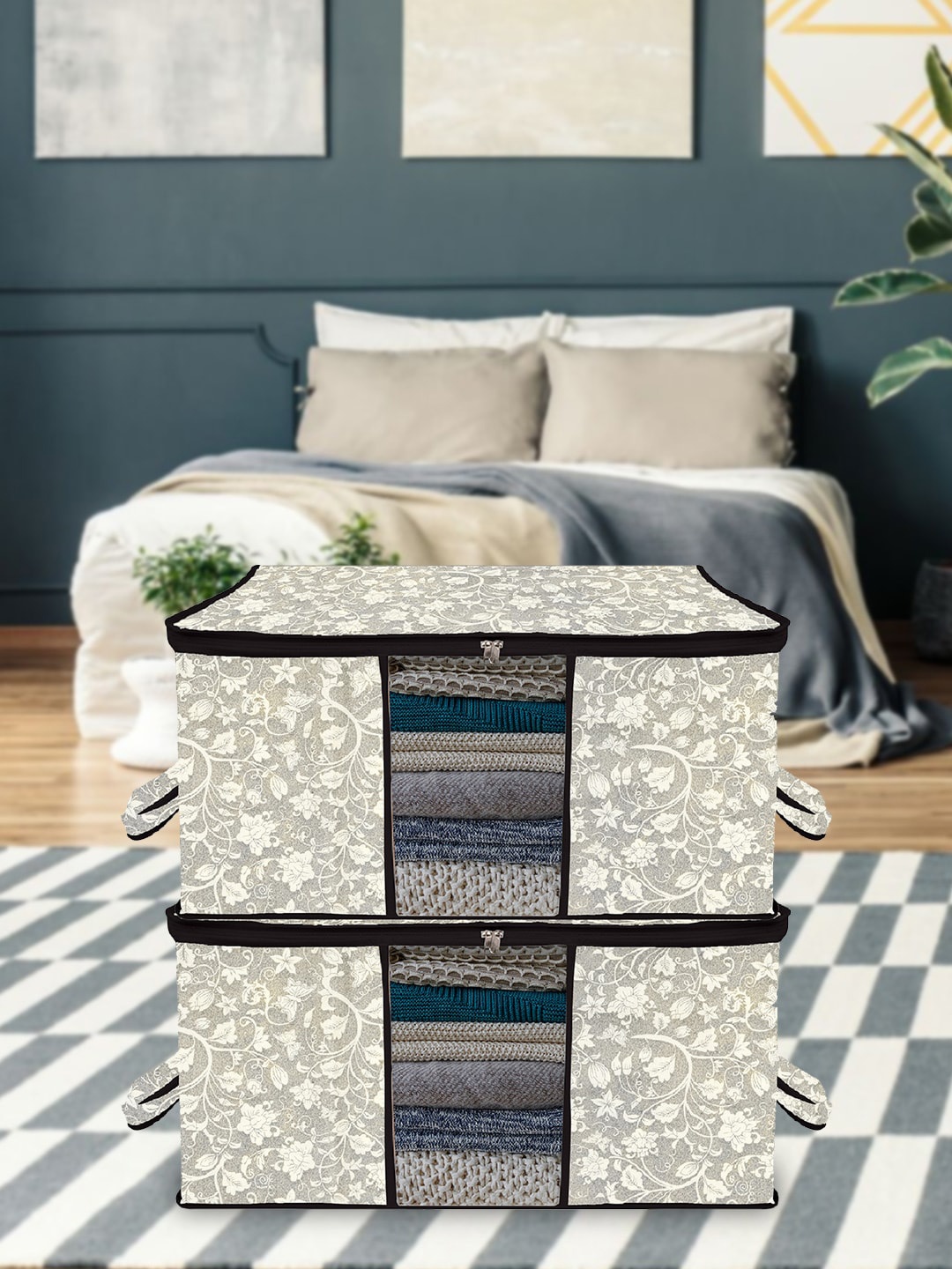 Kuber Industries Black 3 Pieces Floral-Printed Storage Organisers