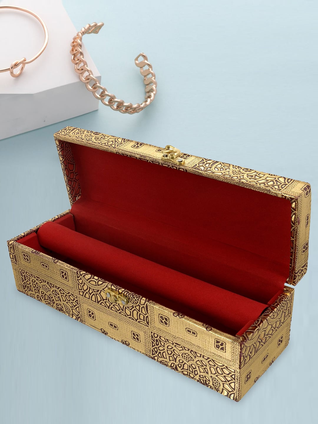 

Kuber Industries Gold Toned Wooden Embossed Design Bangle Box
