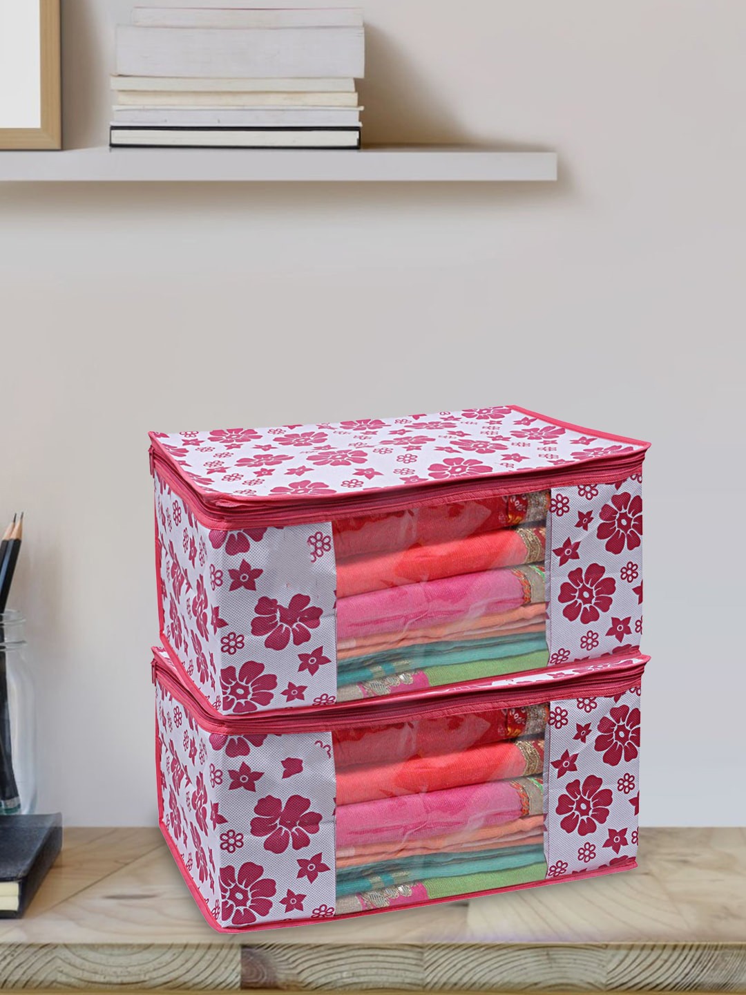

Kuber Industries Pink 3 Pieces Printed Saree Organizers