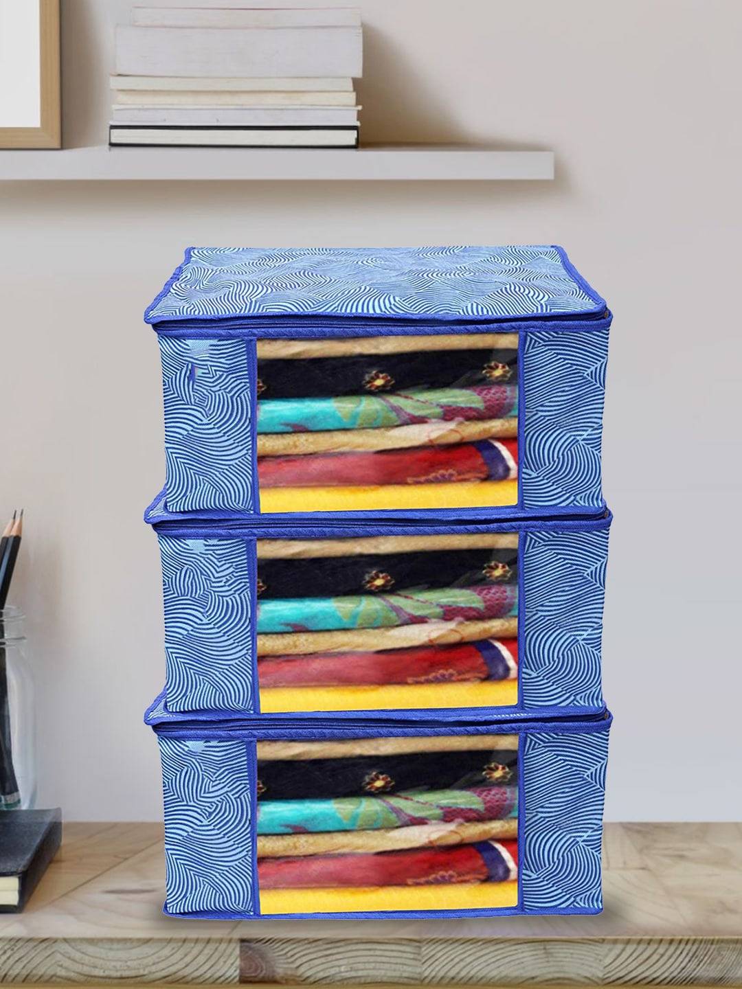 

Kuber Industries Blue 3 Pieces Printed Saree Organizers