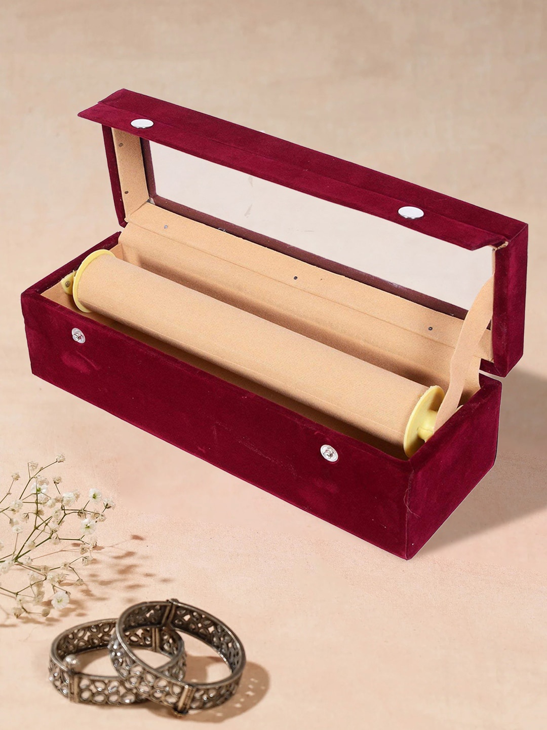 

Kuber Industries Maroon Wooden One Rod Velvet Bangle Box