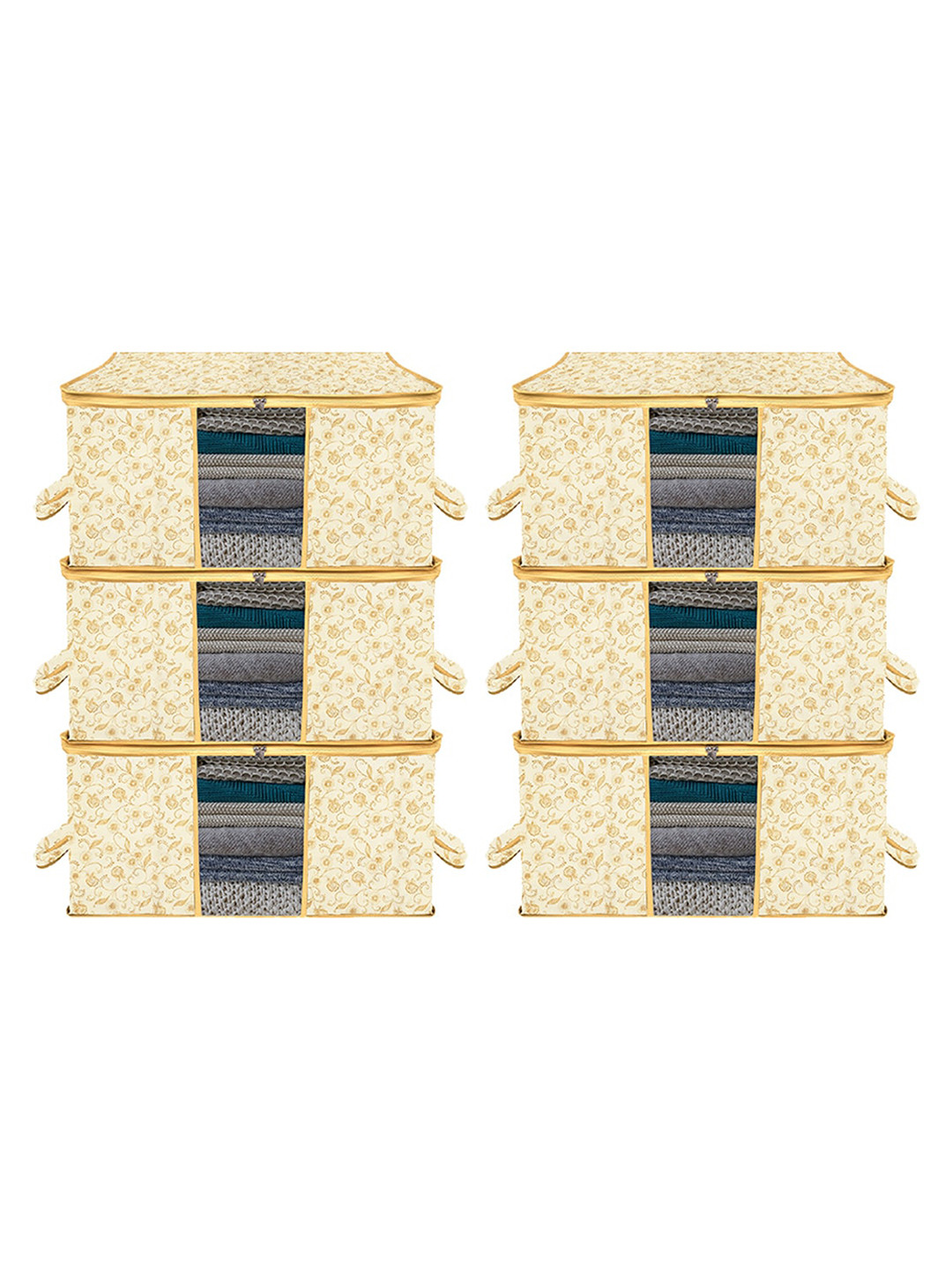 

Kuber Industries Beige & Cream 6 Pieces Printed Non Woven Underbed Storage Bag Organizers