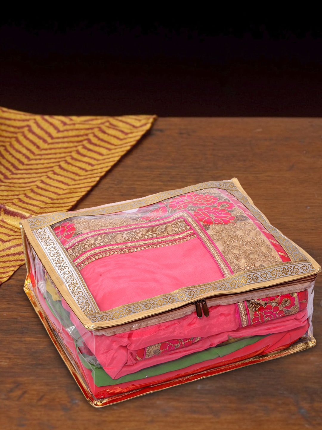 

Kuber Industries White 2 Pieces Dot Printed PVC Saree Organizers, Gold