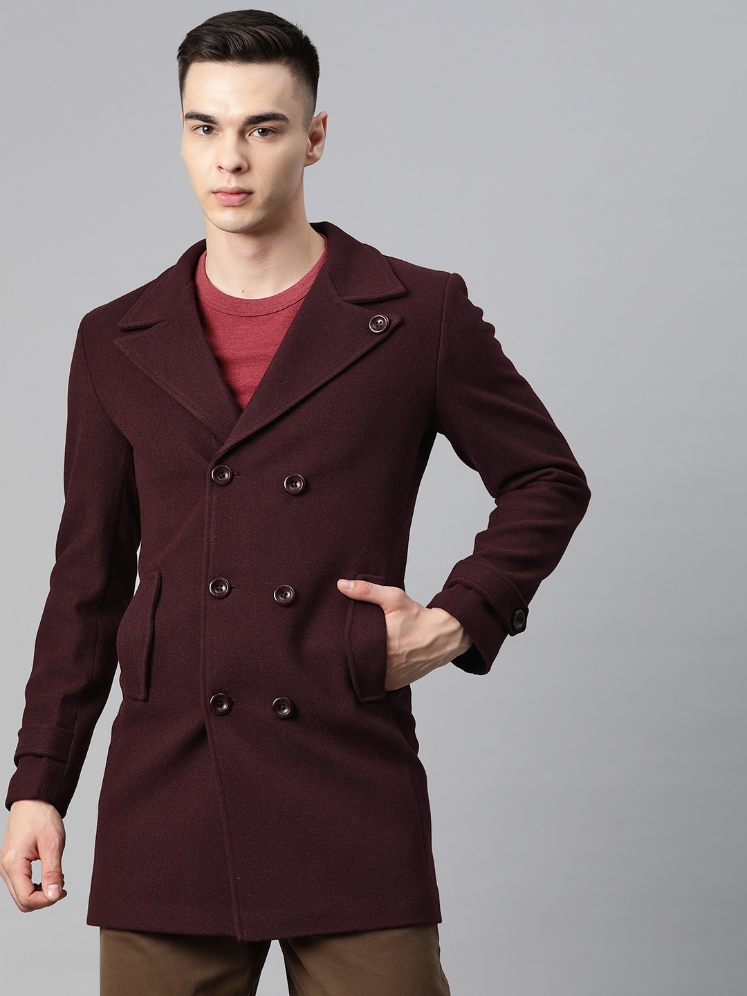 

Pierre Carlo Men Solid Regular Fit Overcoat, Burgundy