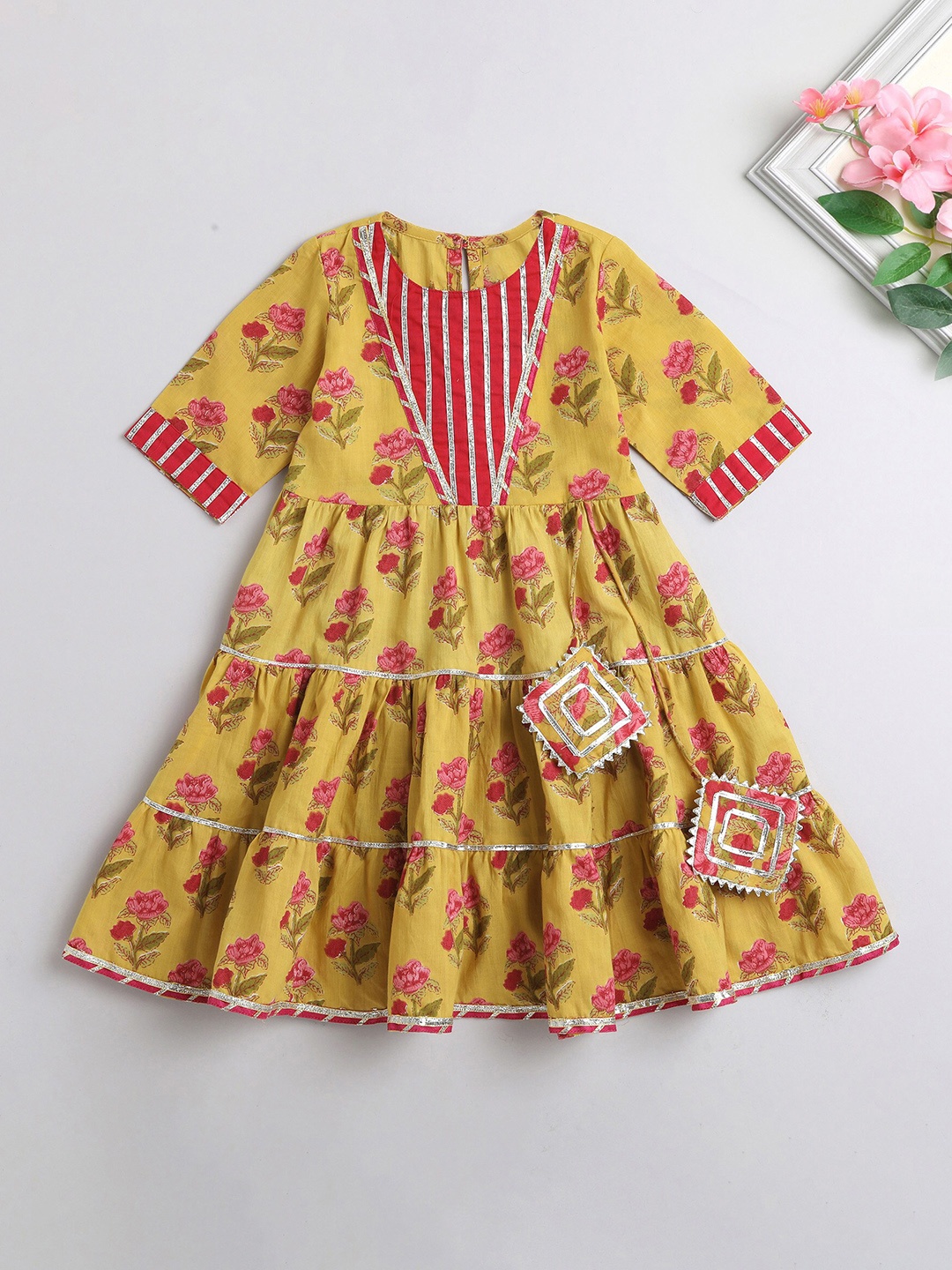 

The Magic Wand Floral Printed Gotta Patti Tiered Fit & Flare Dress, Yellow