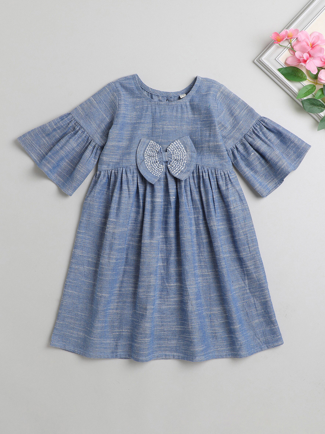 

The Magic Wand Bell Sleeve Bow Cotton A-Line Dress, Blue
