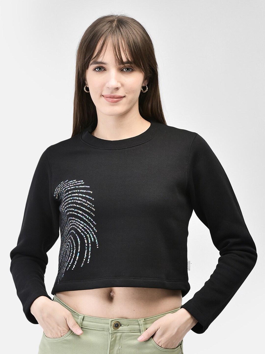 

Crimsoune Club Typography Printed Round Neck Long Sleeve Pullover Crop Sweatshirt, Black