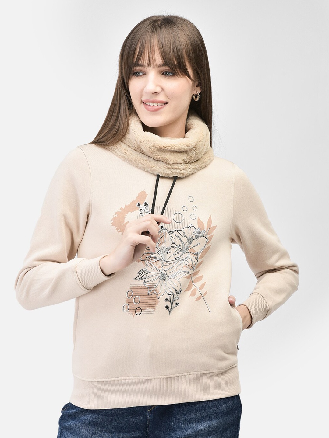 

Crimsoune Club Floral Printed Turtle Neck Pullover Sweatshirt, Beige