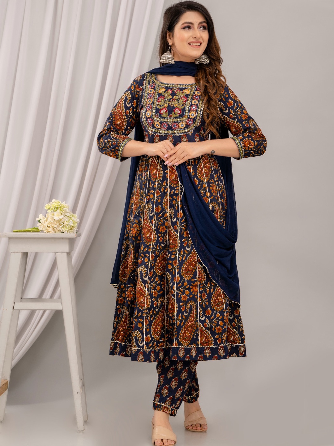 

FrionKandy Paisley Printed Mirror Work Pure Cotton Anarkali Kurta & Trouser With Dupatta, Navy blue