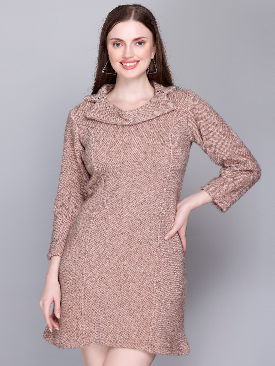 

VELVTINE Round Neck Sheath Woollen Dress, Pink