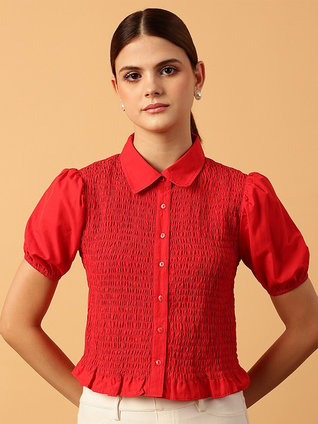 

MINT STREET Classic Smocked Puff Sleeves Pure Cotton Shirt, Red
