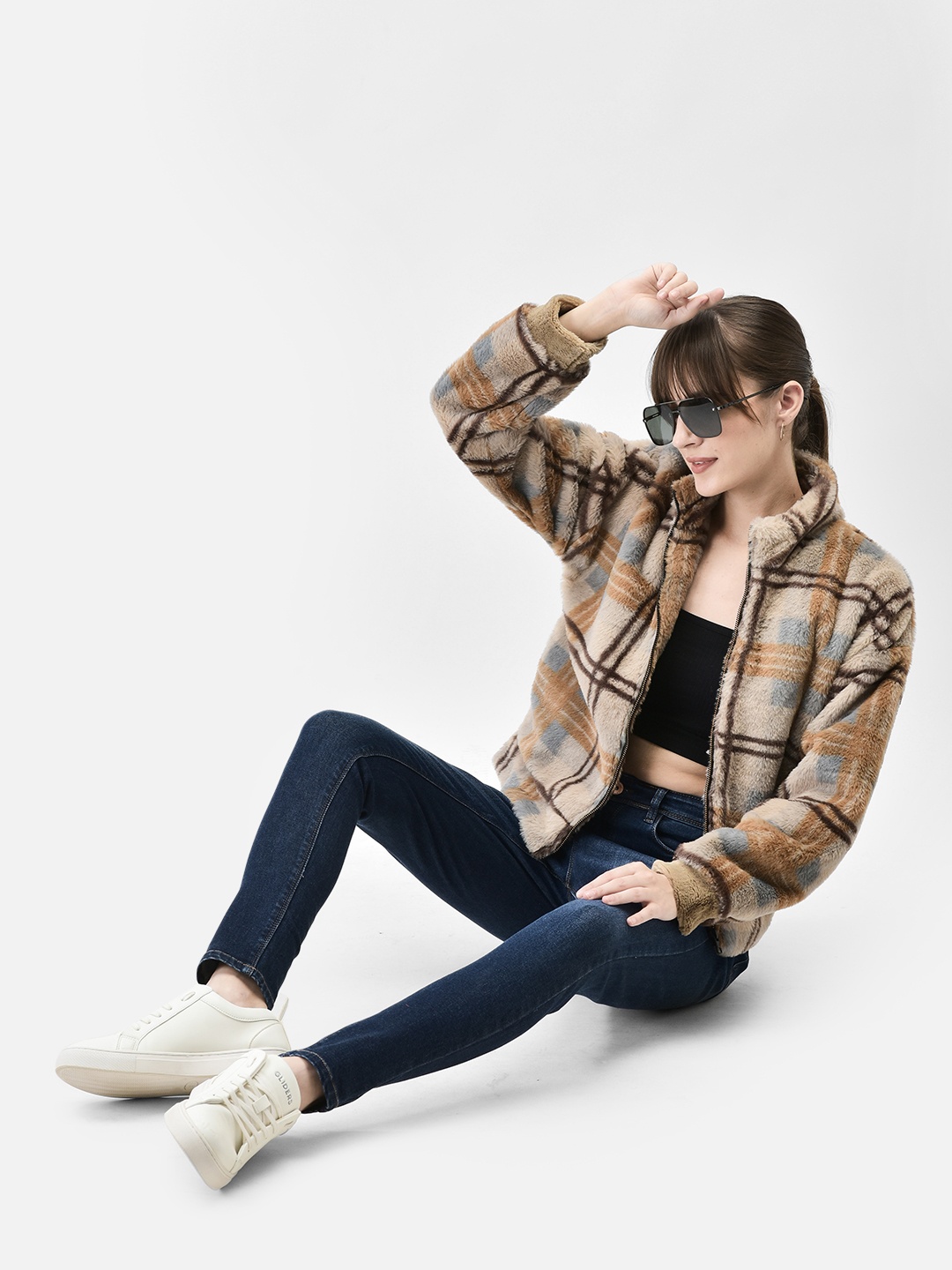 

Crimsoune Club Checked Mock Collar Bomber Jacket, Brown
