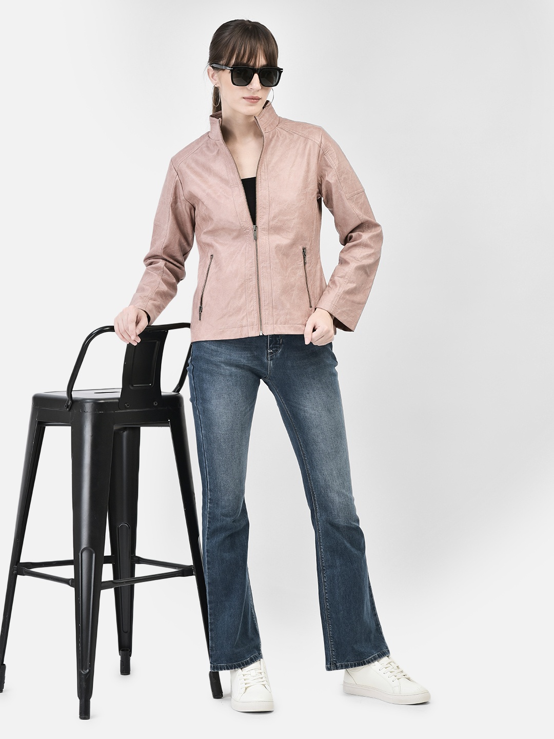 

Crimsoune Club Mock Collar Leather Tailored Jacket, Pink