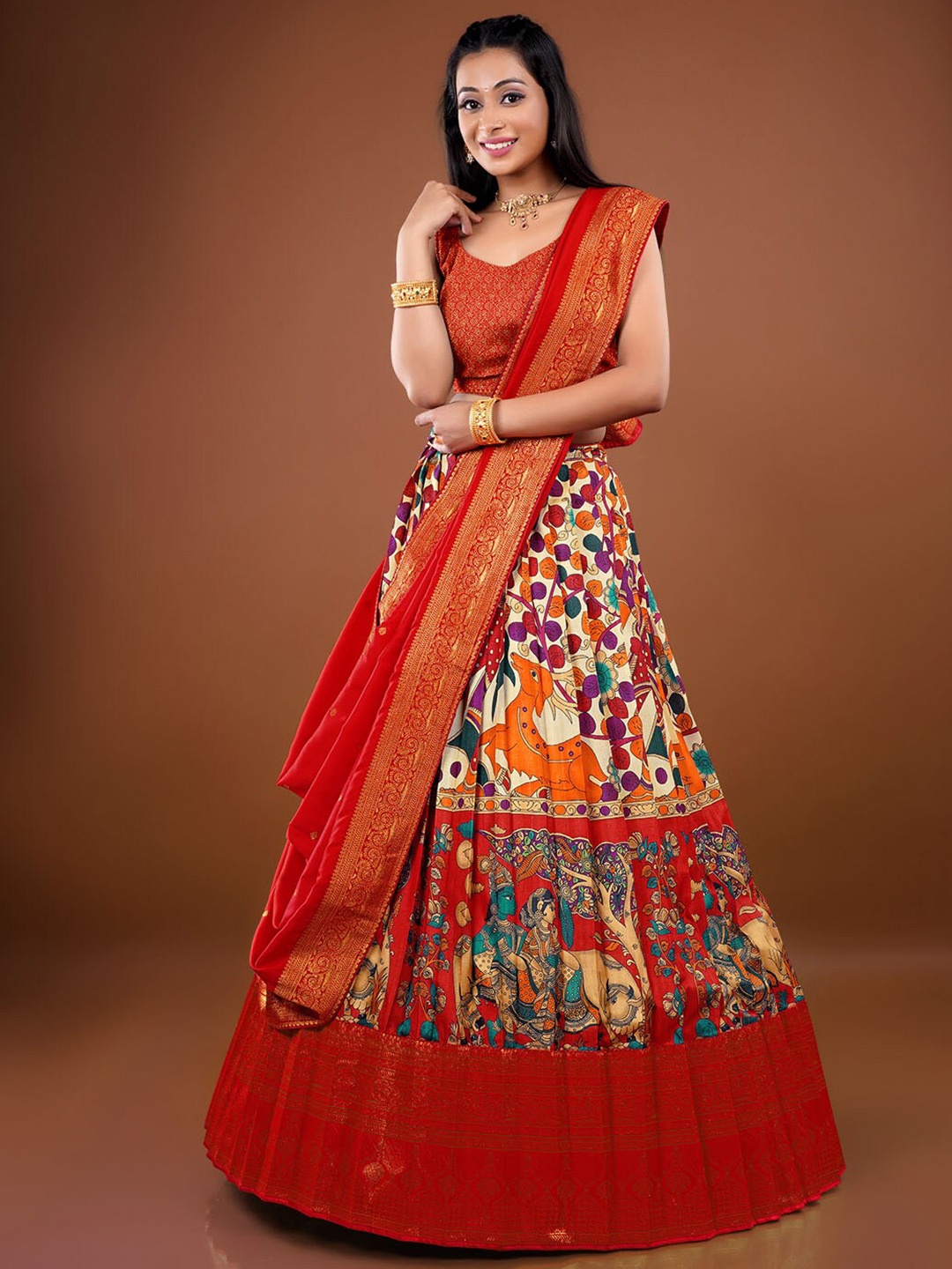 

HALFSAREE STUDIO Floral Design Zari Semi-Stitched Art Silk Lehenga With Blouse & Dupatta, Cream