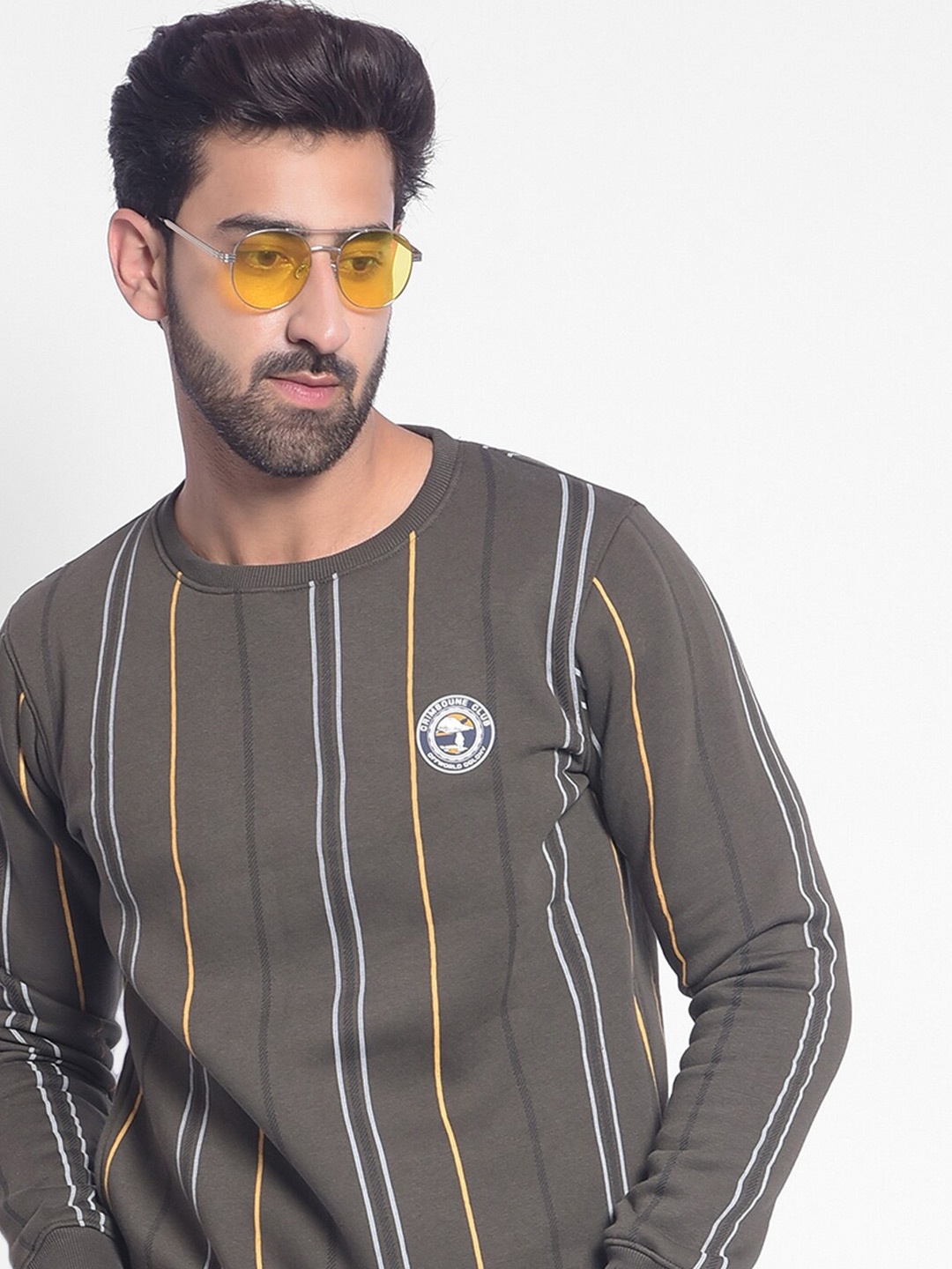 

Crimsoune Club Striped Round Collar Long Sleeve Pullover Sweatshirt, Olive