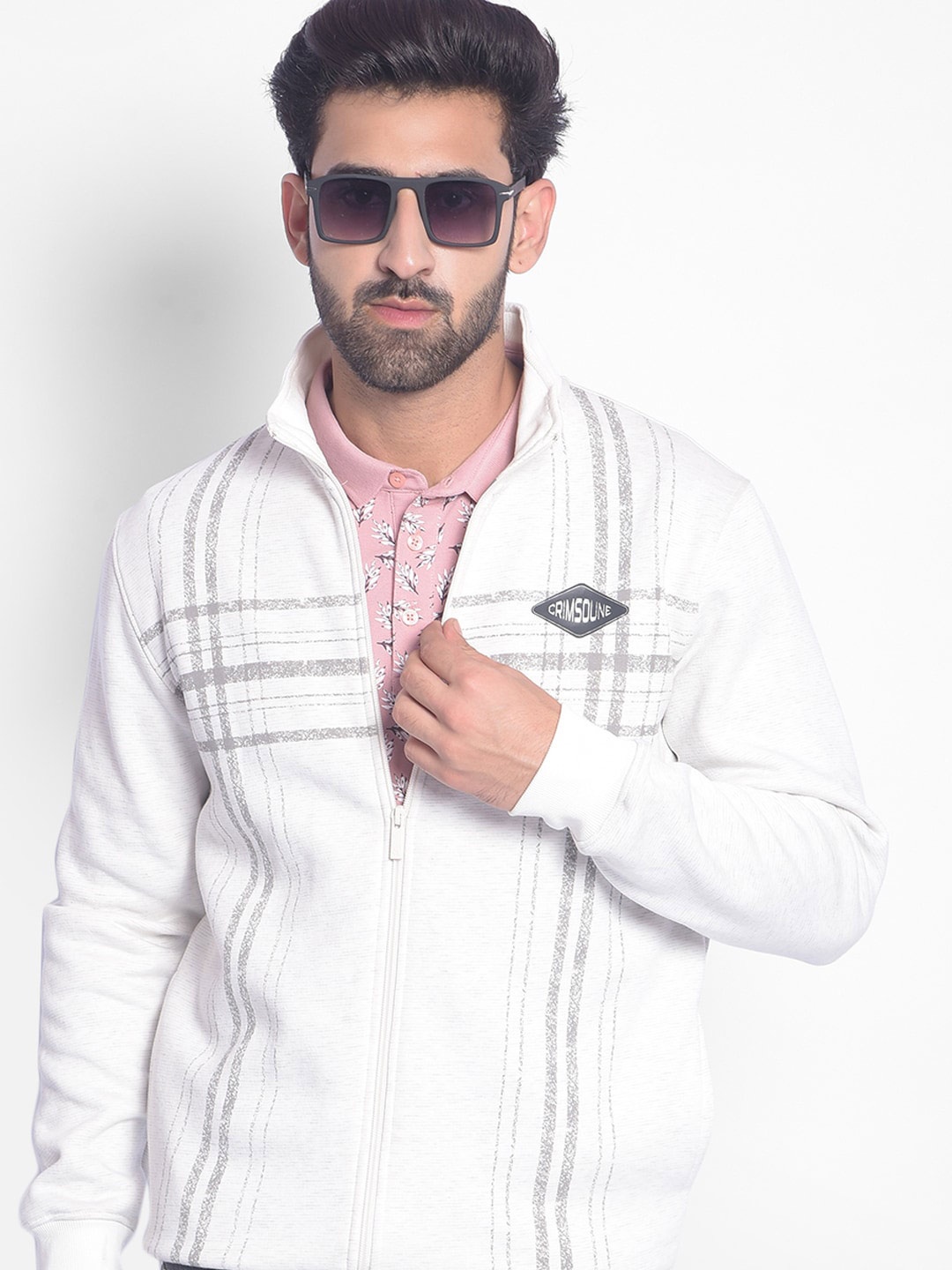 

Crimsoune Club Checked Mock Collar Front Open Sweatshirt, White