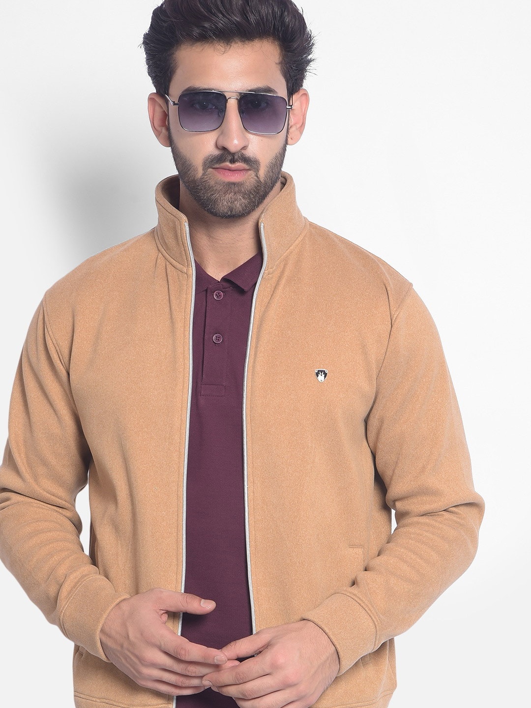 

Crimsoune Club Mock Collar Long Sleeve Front Open Zip Detail Sweatshirt, Brown