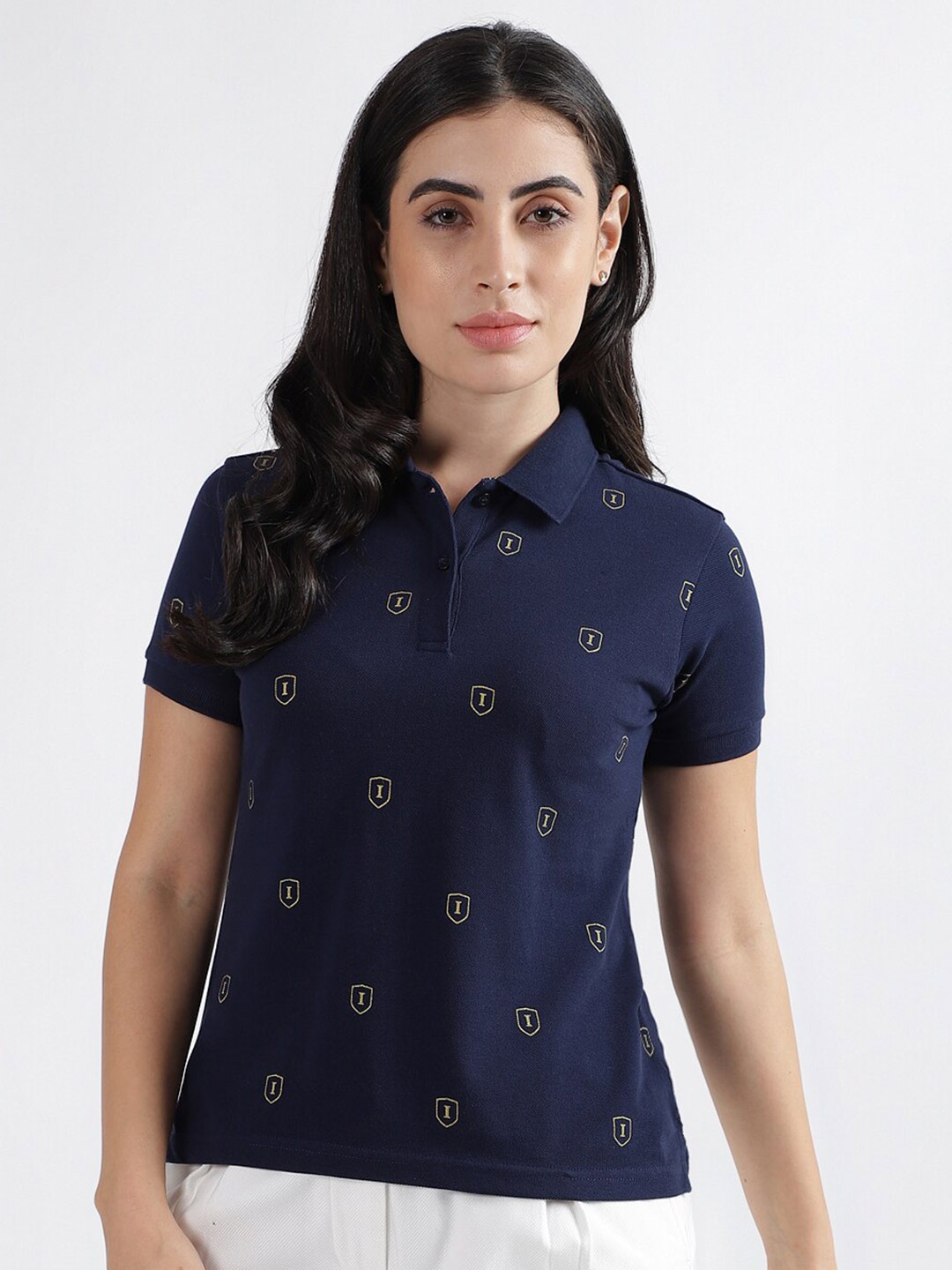 

Iconic Typography Printed Polo Collar Pure Cotton T-shirt, Navy blue