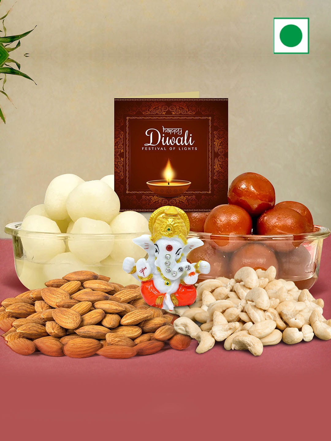 

TIED RIBBONS Diwali Gift with Sweets Dry Fruits Idol Statue and Card, Green