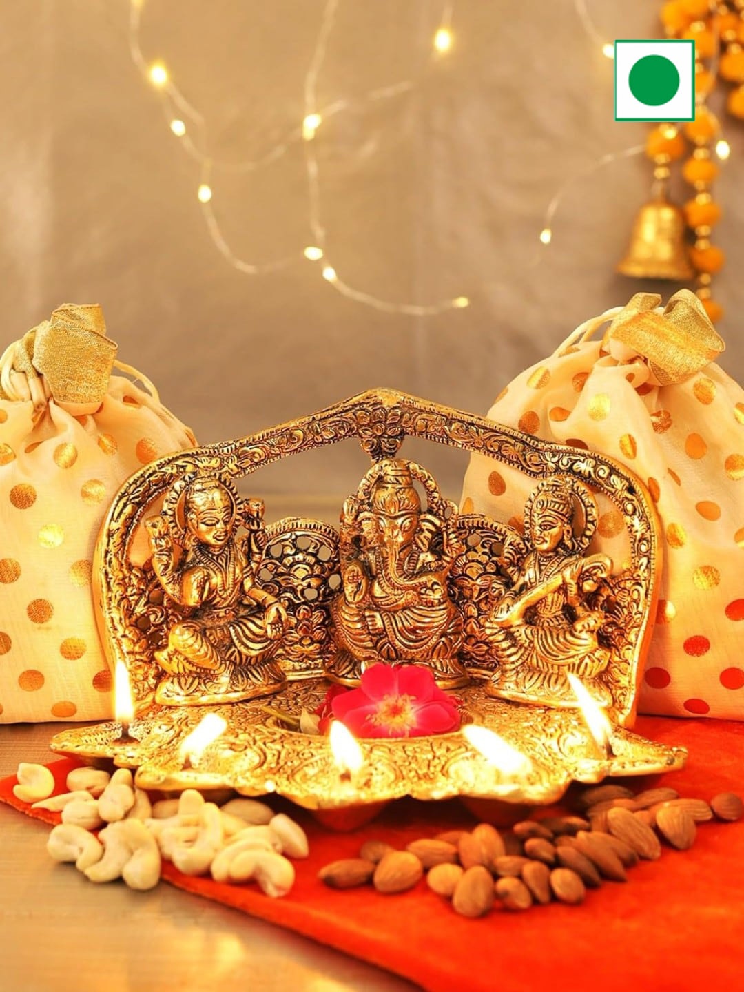 

TIED RIBBONS Laxmi Ganesh Saraswati Idol & Dry Fruits Diwali Gift Set, Gold