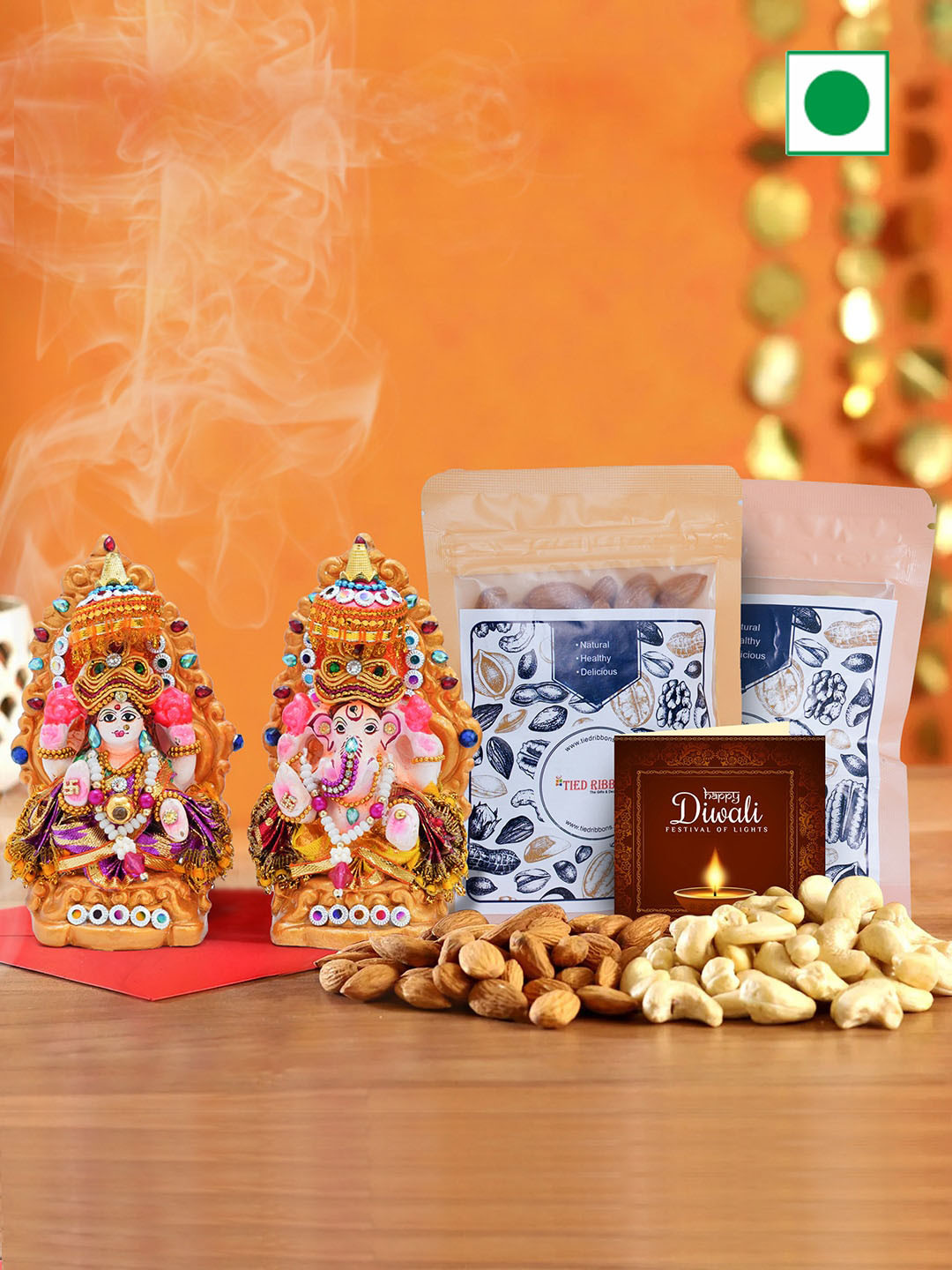 

TIED RIBBONS Dry Fruits Almond Cashew Laxmi Ganesh Idol & Card Diwali Gifts Set, White