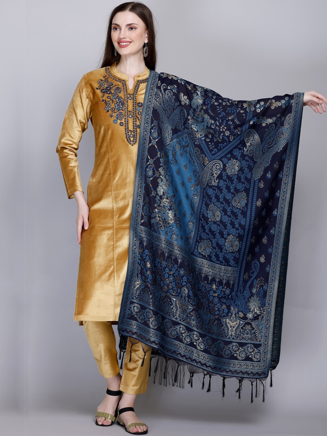 

VELVTINE Women Beige Floral Embroidered Regular Thread Work Pure Wool Kurta with Trousers & With Dupatta