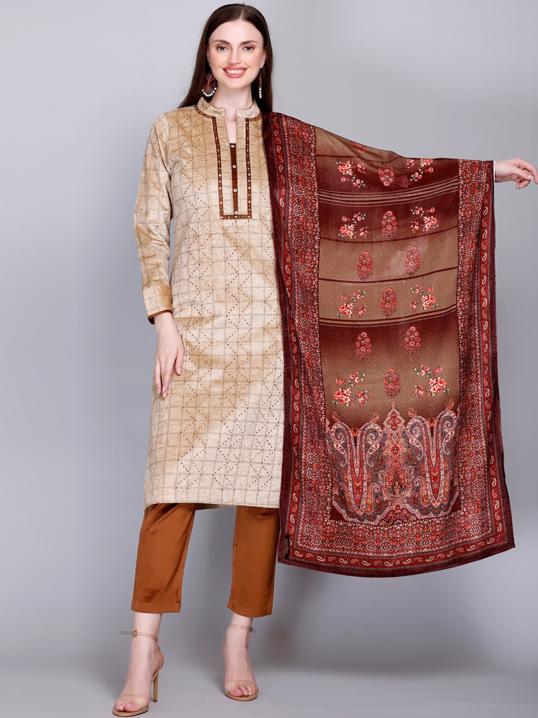 

VELVTINE Women Beige Embroidered Regular Pure Wool Kurta with Trousers & With Dupatta