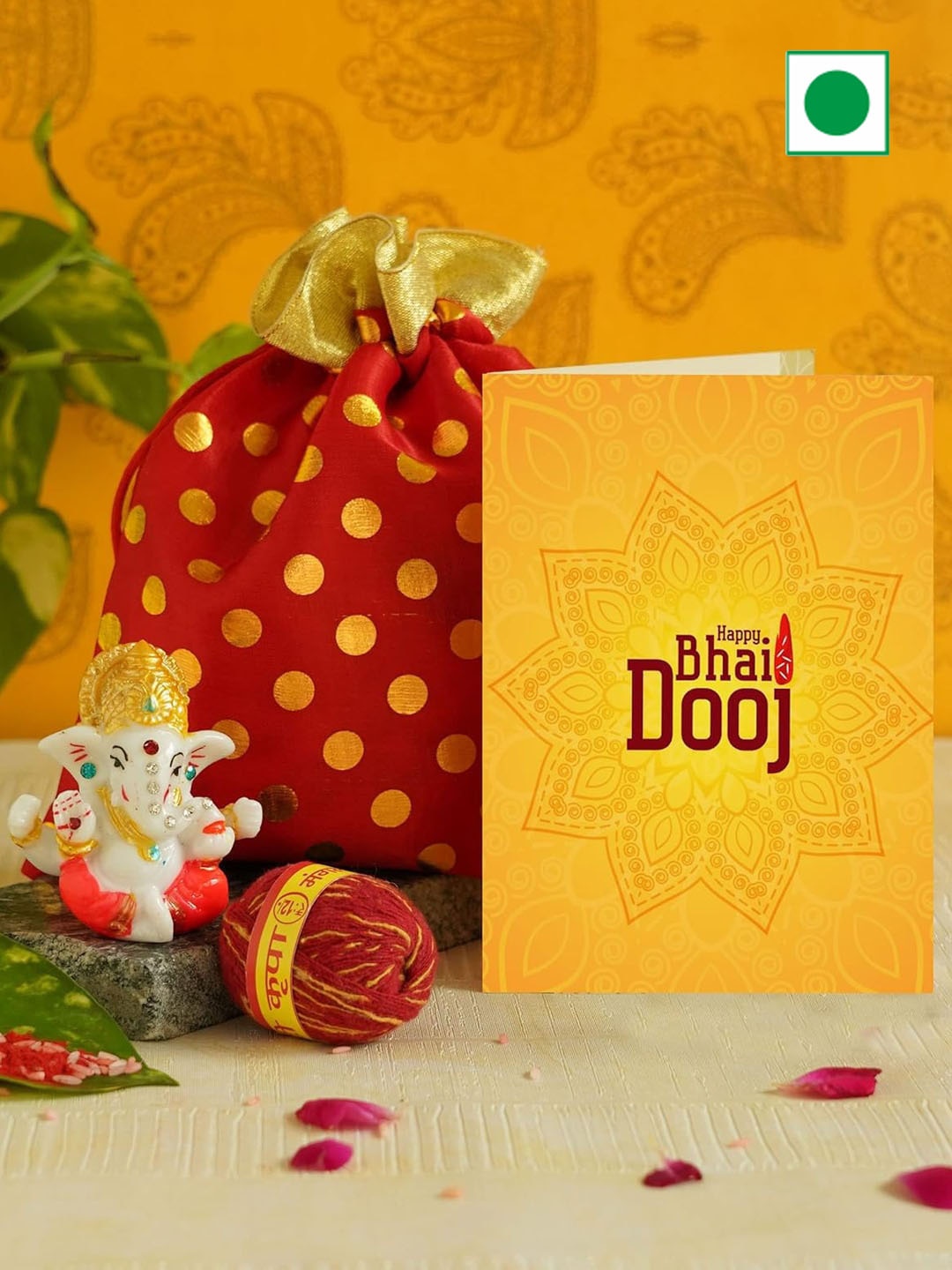 

TIED RIBBONS Yellow 4 Pieces Ganesh Idol with Pooja Thali Card & Kalawa