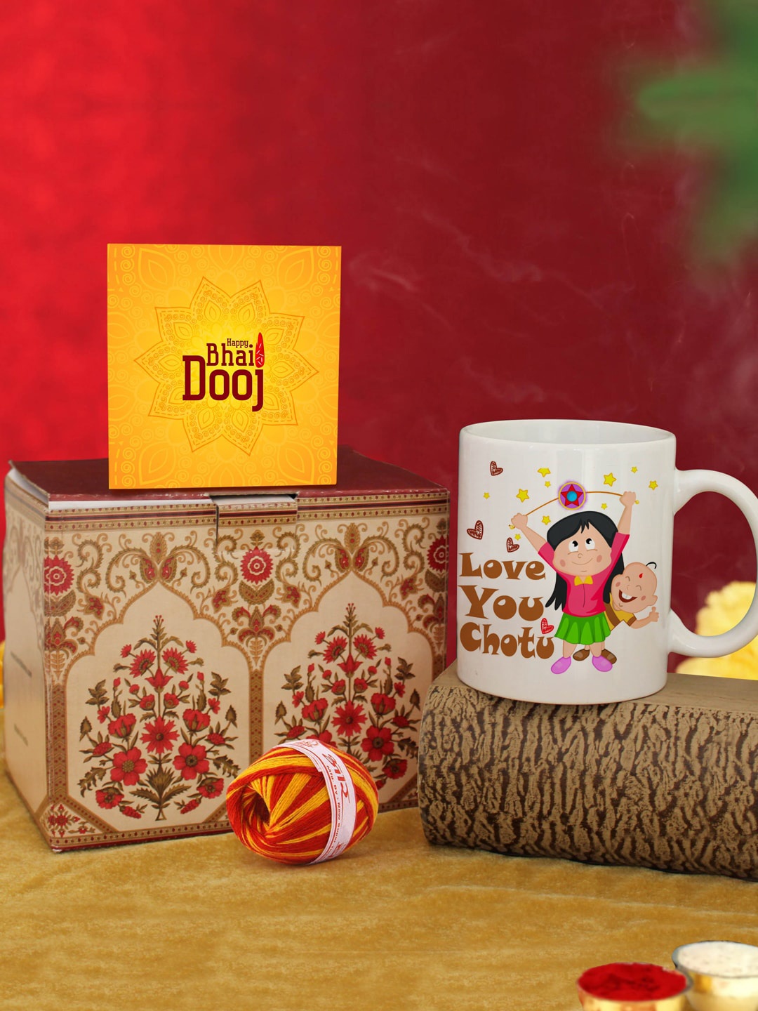 

TIED RIBBONS White & Yellow 4 Pieces Printed Coffee Mug Card & Kalawa Bhai Dooj Gift