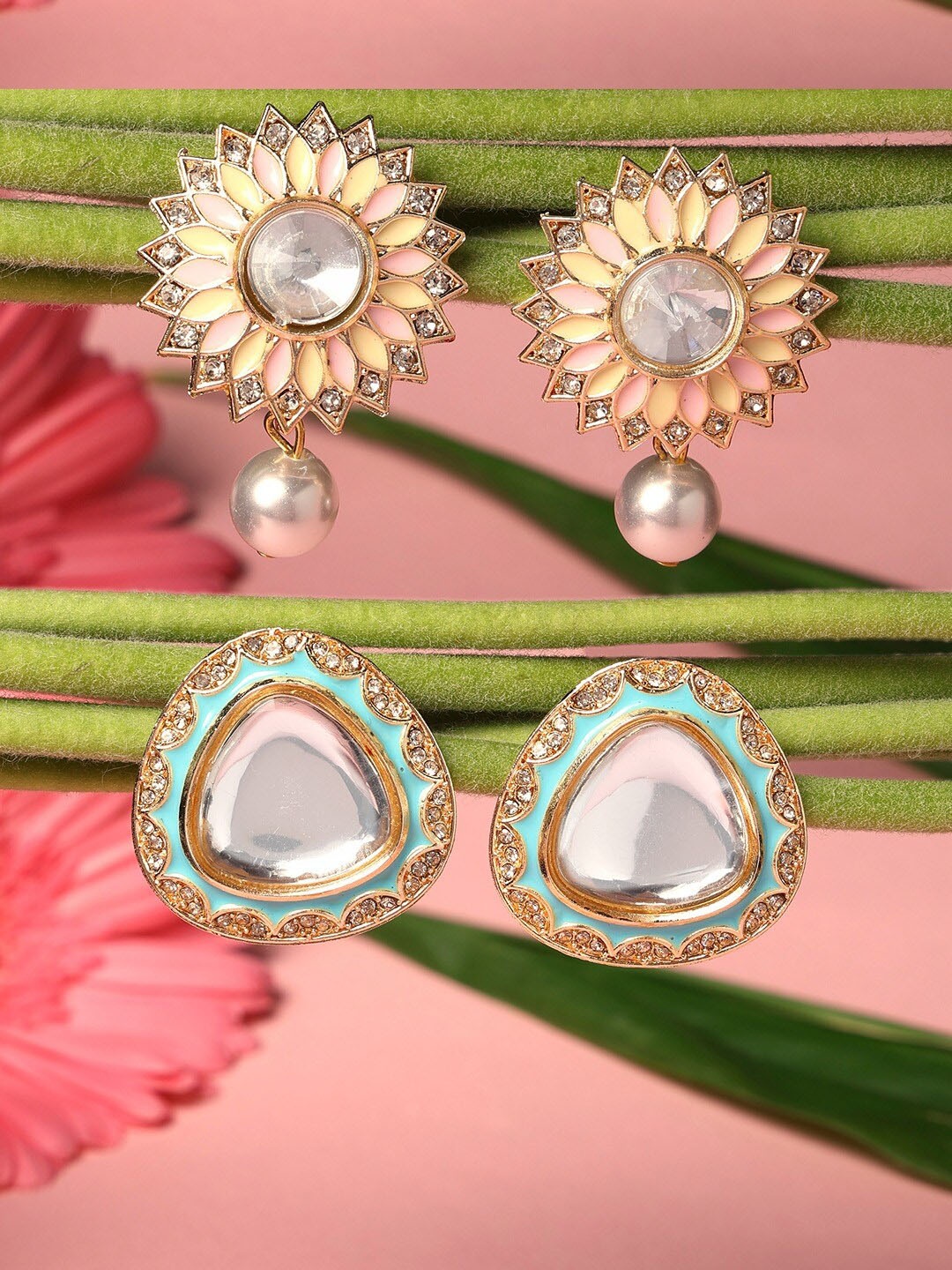 

Zaveri Pearls Set Of 2 Gold-Plated Contemporary Drop Earrings