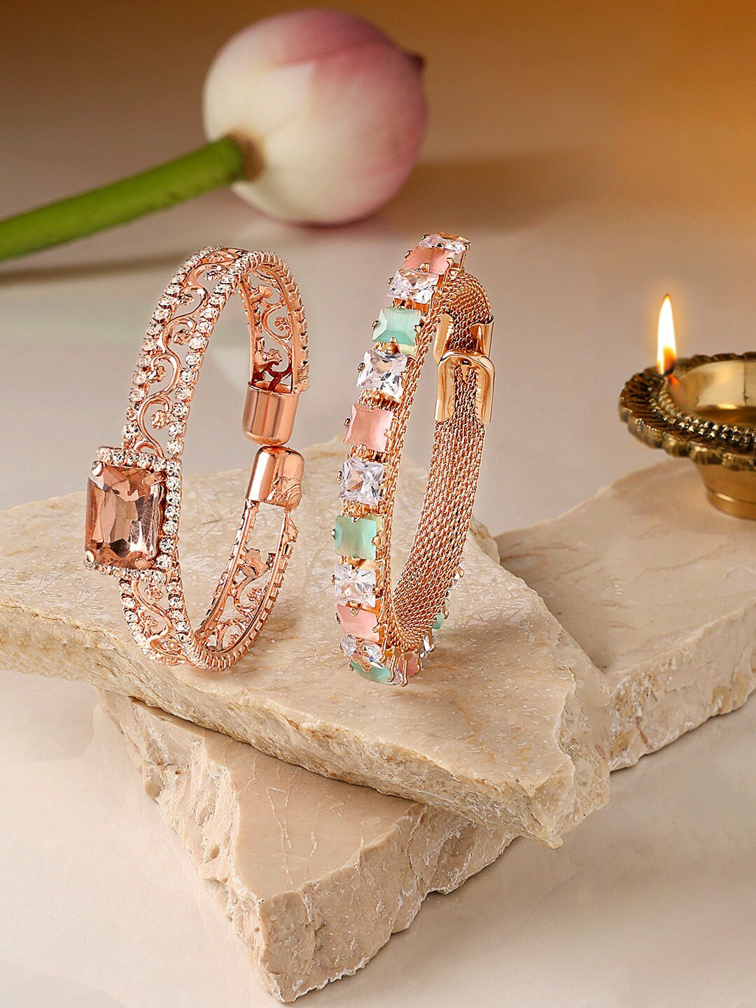 

Zaveri Pearls Set Of 2 Rose Gold-Plated Bangle-Style Bracelet