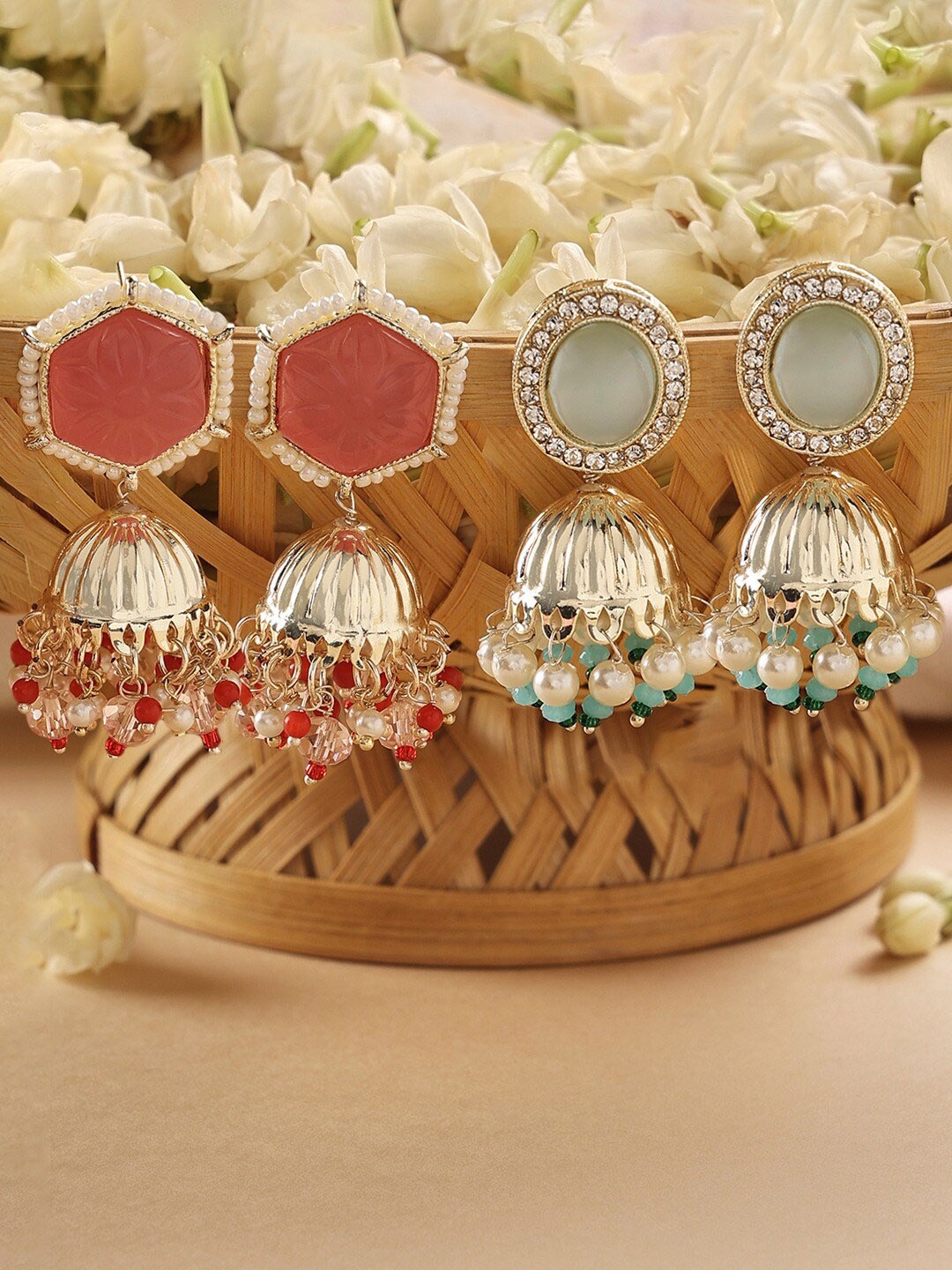

Zaveri Pearls Set Of 2 Gold Plated American Diamond Studded Jhumkas
