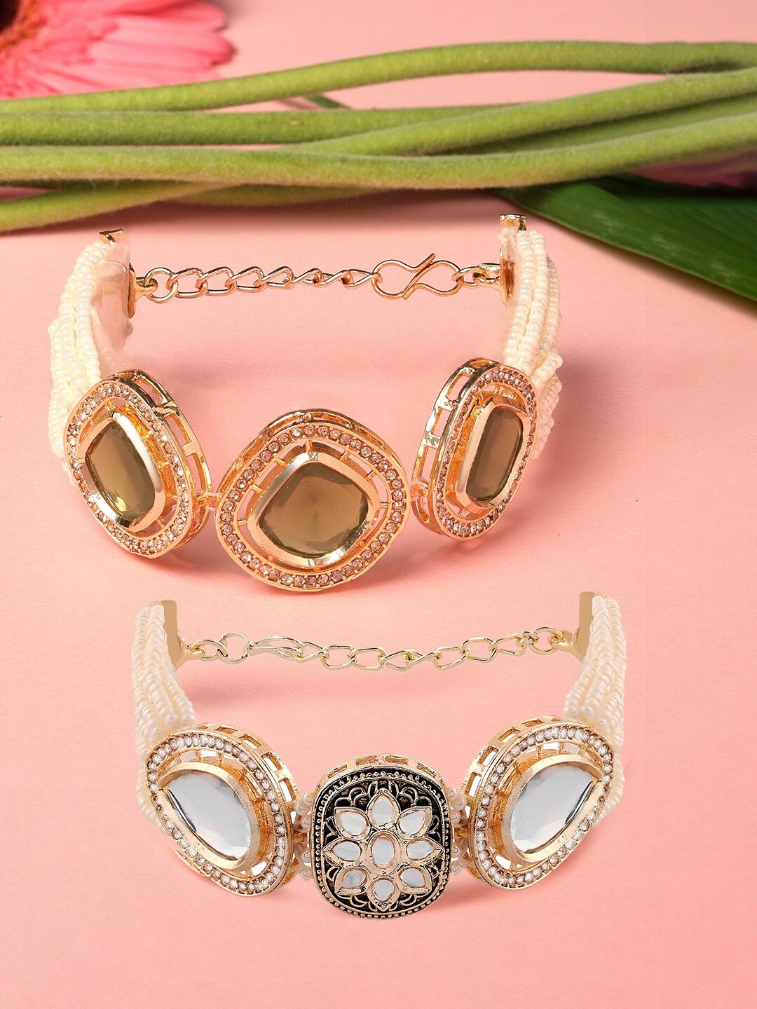 

Zaveri Pearls Set Of 2 Gold-Plated Kundan Studded & Beaded Wraparound Bracelet