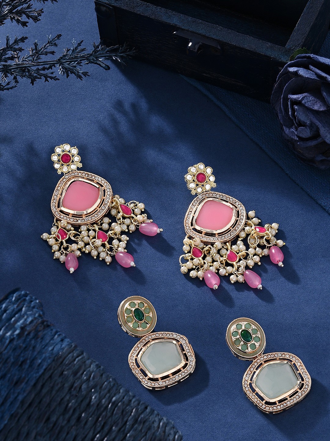 

Zaveri Pearls Set Of 2 Gold Plated Kundan & & Austrian Diamonds Drop Earring
